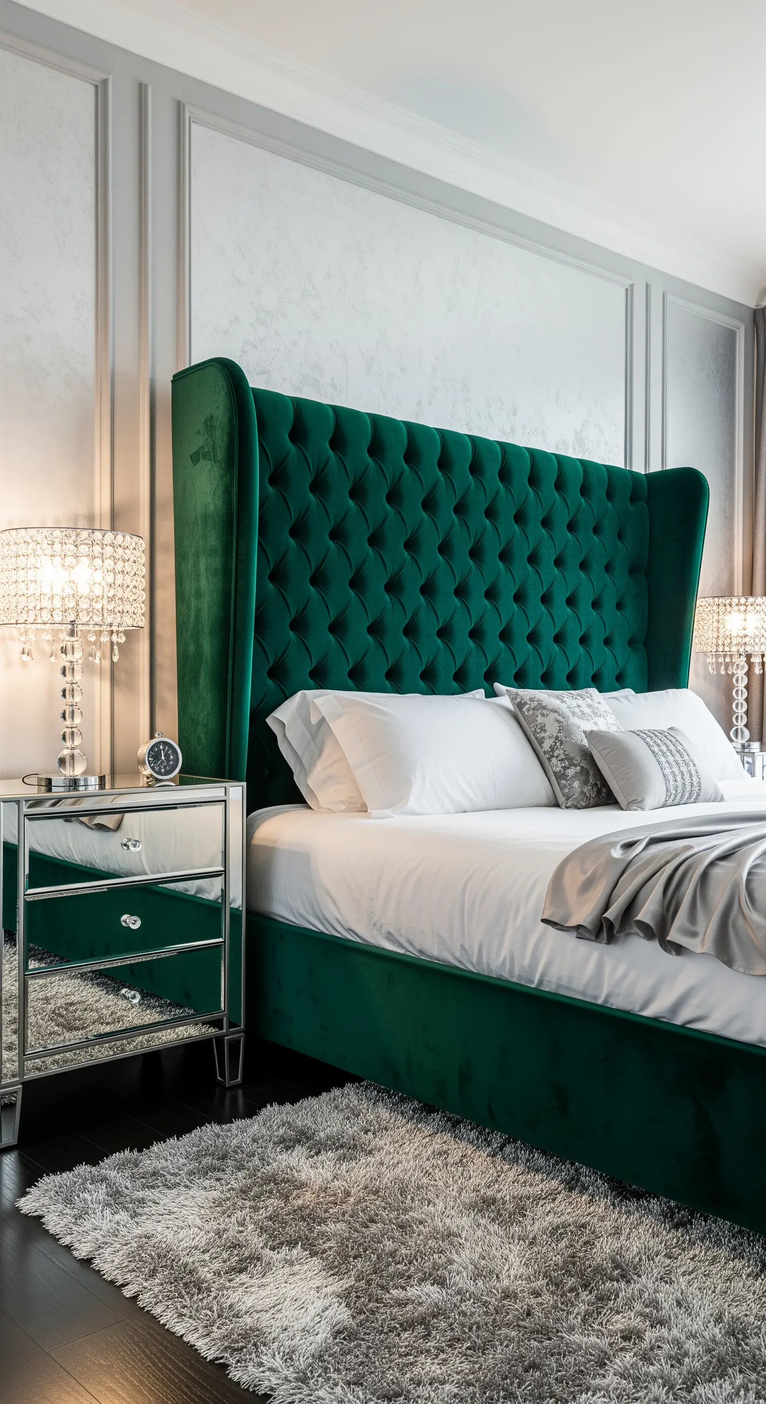 Smaragdgrünes Samtbett mit hohem, getuftetem Kopfteil und Spiegeltisch