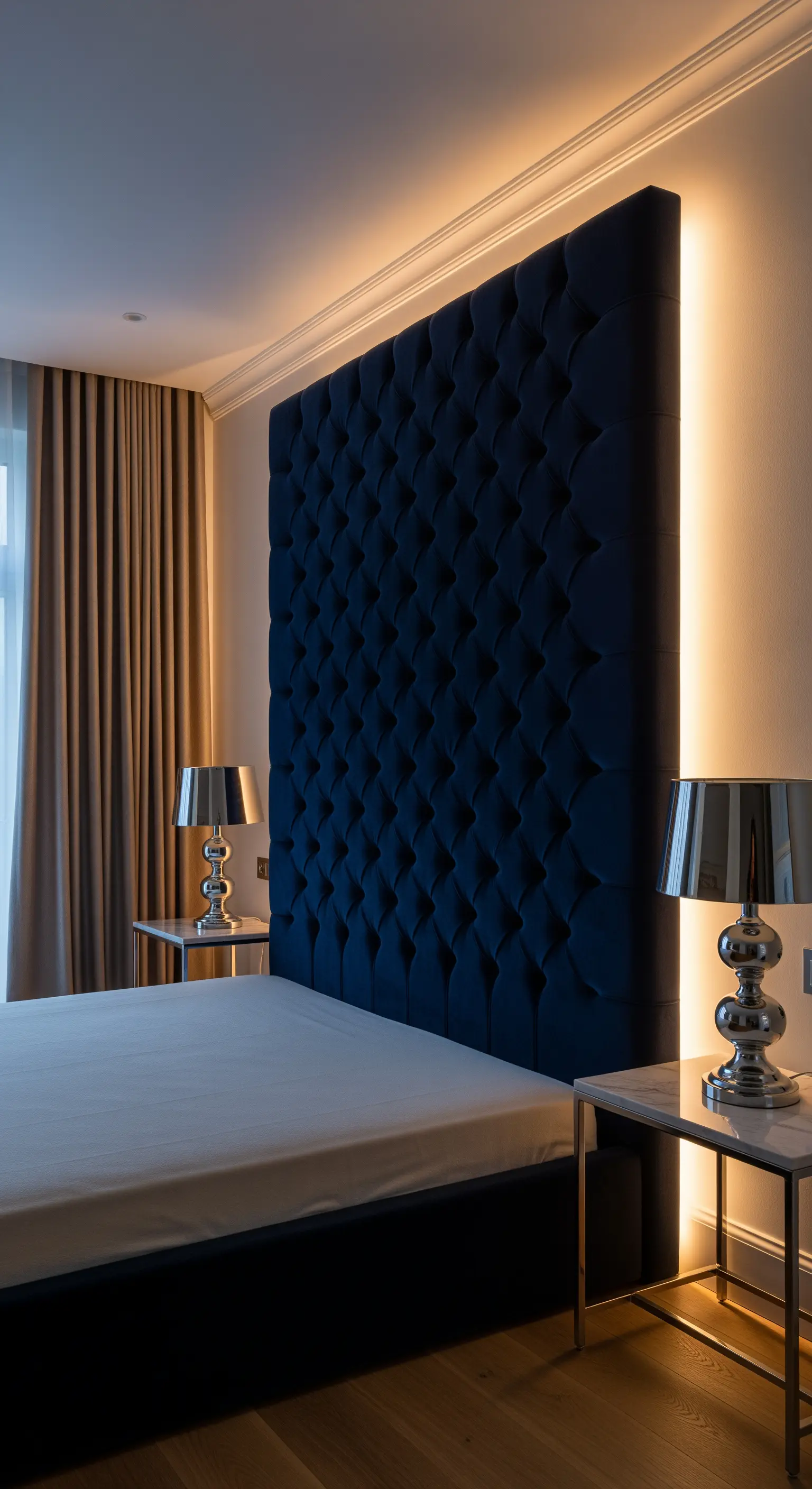 Indirekte Beleuchtung hinter einem hohen, marineblauen Samt-Kopfteil in einem Luxus-Schlafzimmer.