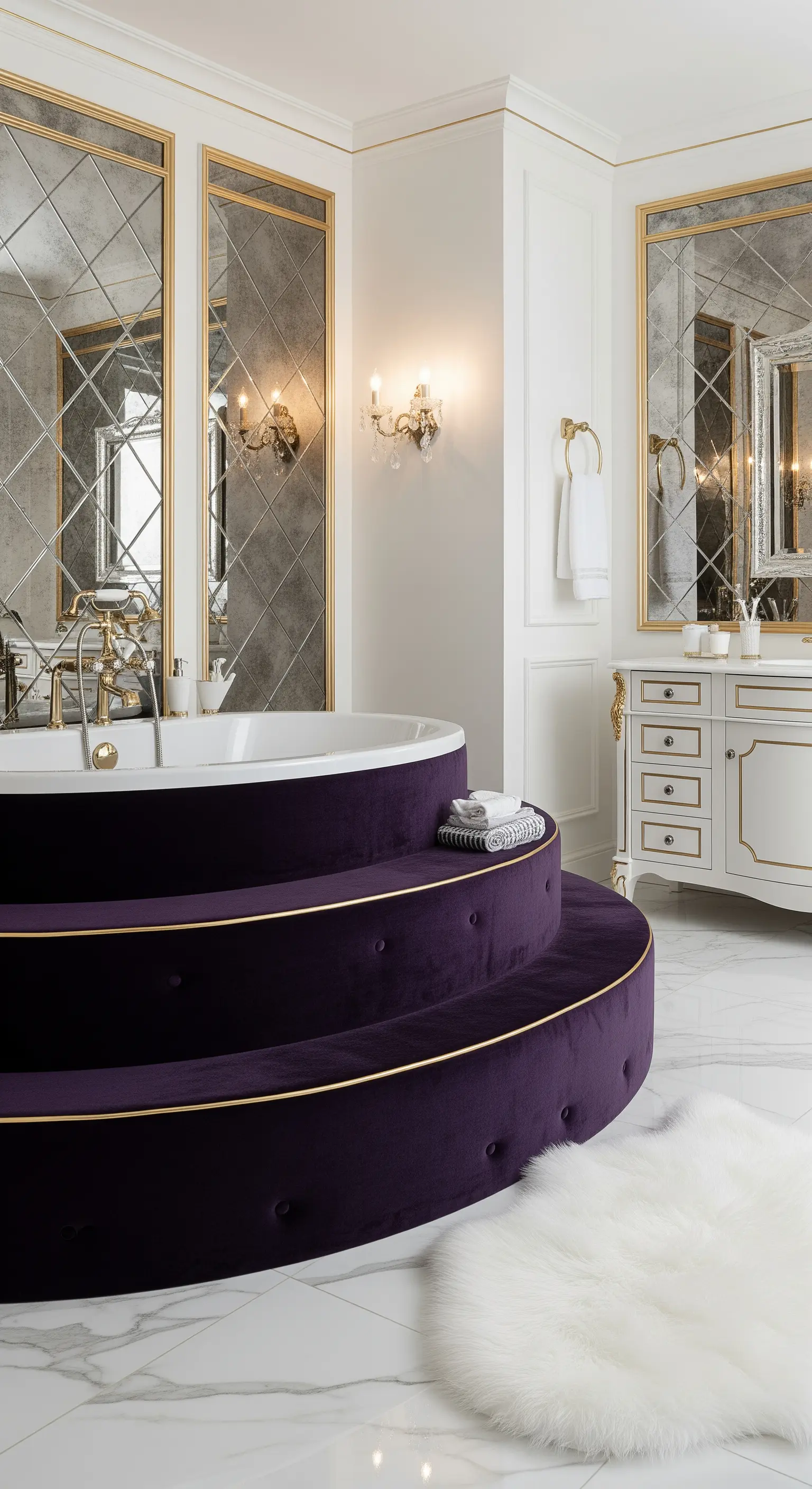 Rundes Badewannen-Podest, gepolstert mit violettem Samt und goldenen Details