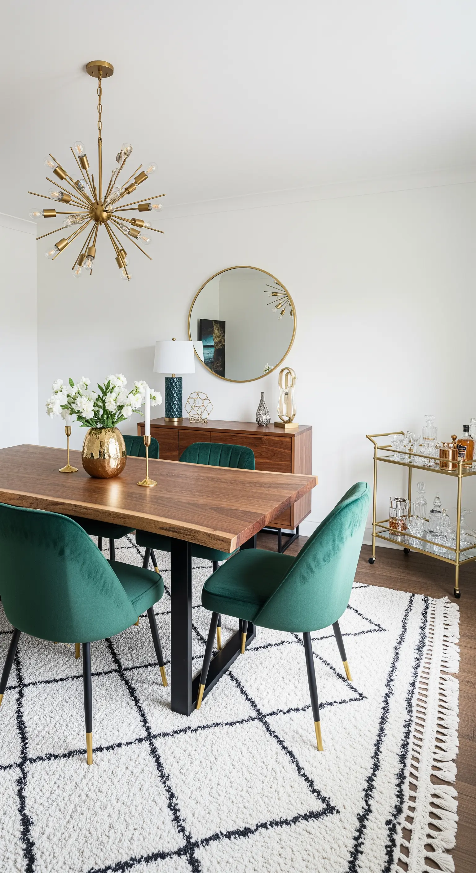 Esszimmer mit smaragdgrünen Samtstühlen und goldenem Sputnik-Kronleuchter.