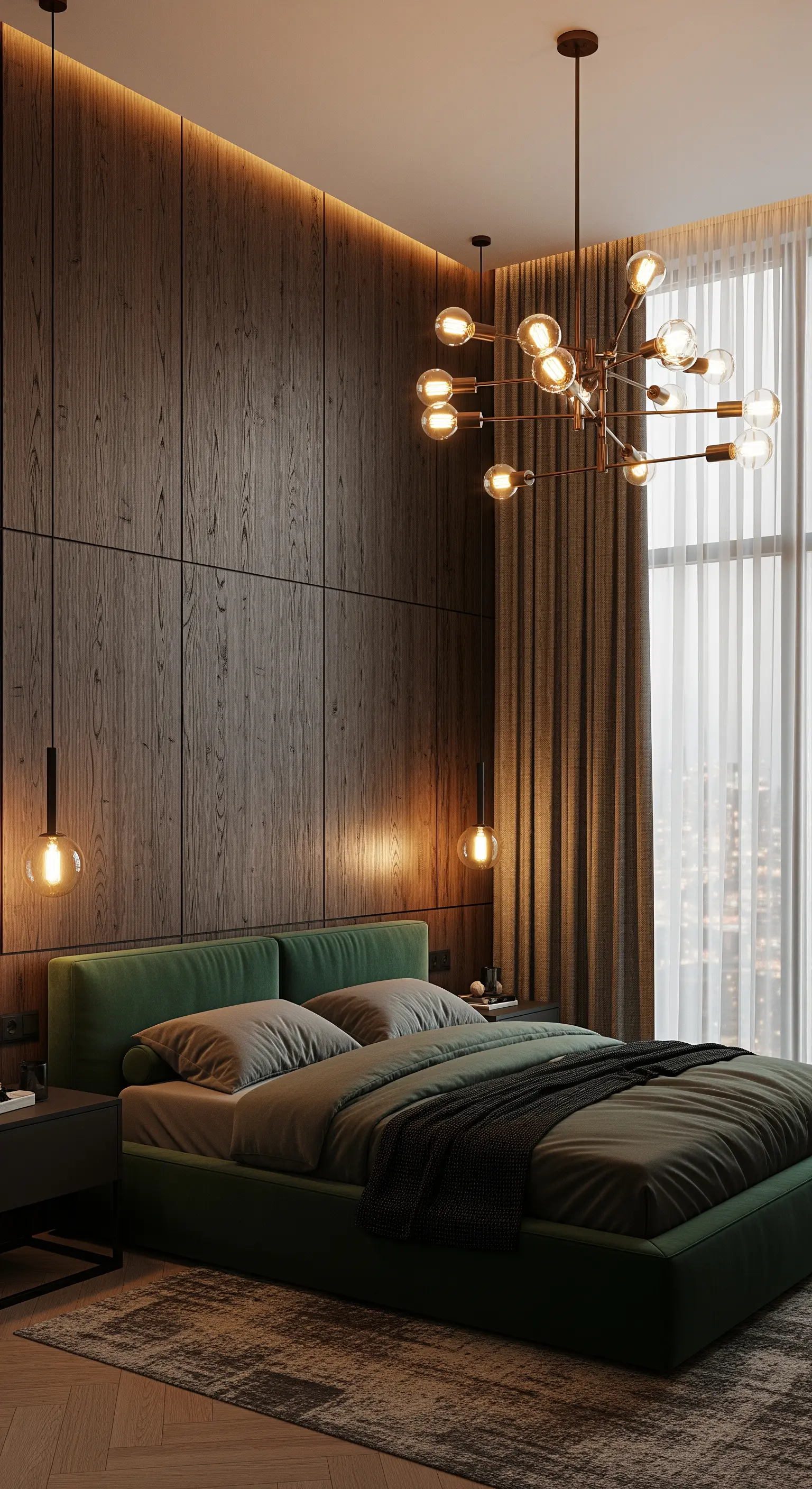 Modernes Schlafzimmer mit dunkler Holzwand, grünem Samtbett und Sputnik-Kronleuchter.
