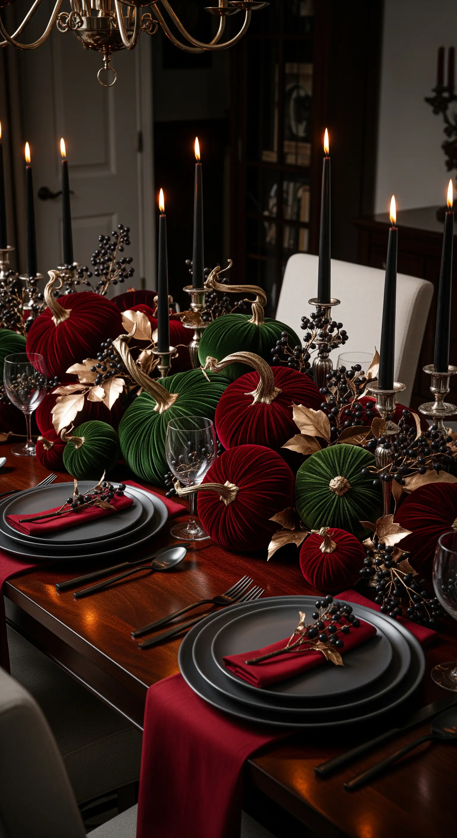 Opulente Tischdeko mit Samt-Kürbissen in Rot und Grün, schwarzen Kerzen und Gold.