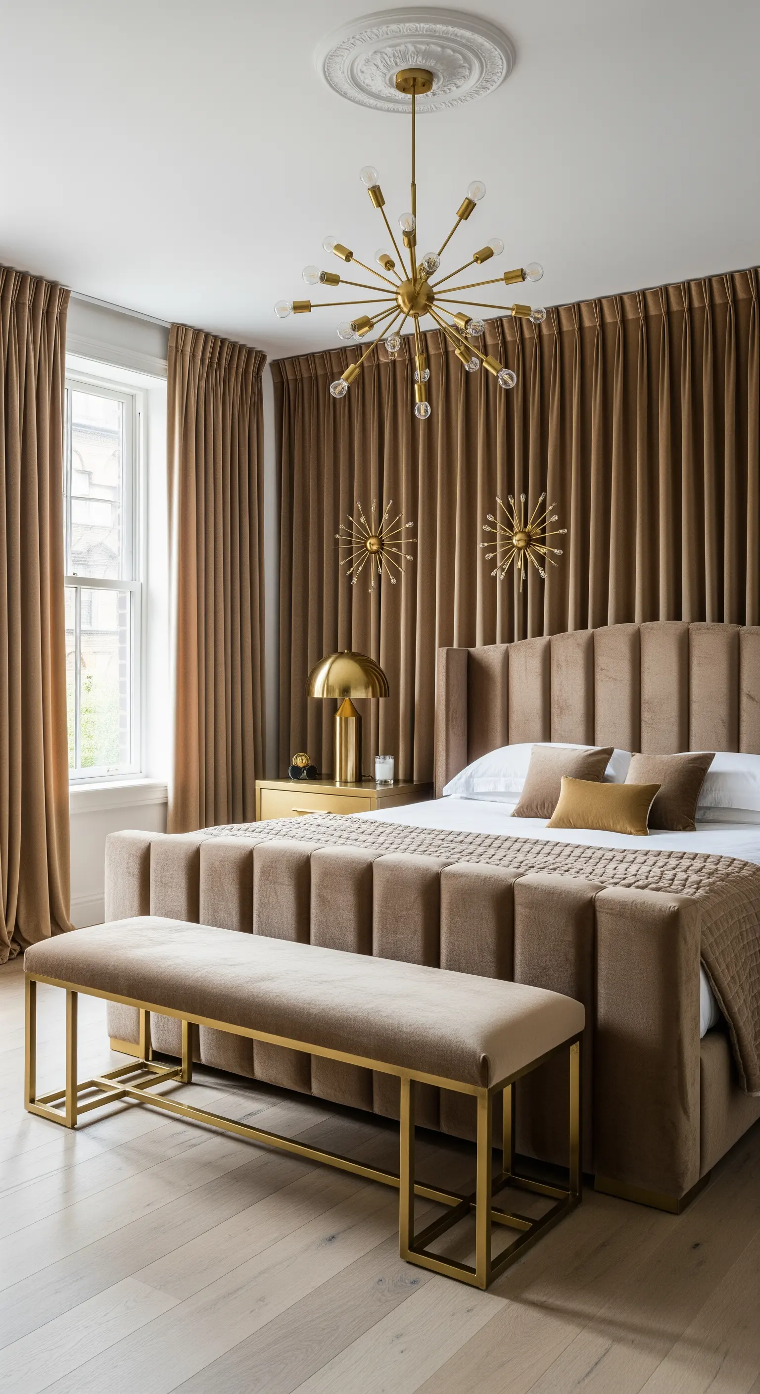 Opulentes Schlafzimmer mit wandbreiten Samtvorhängen und passendem Samtbett.