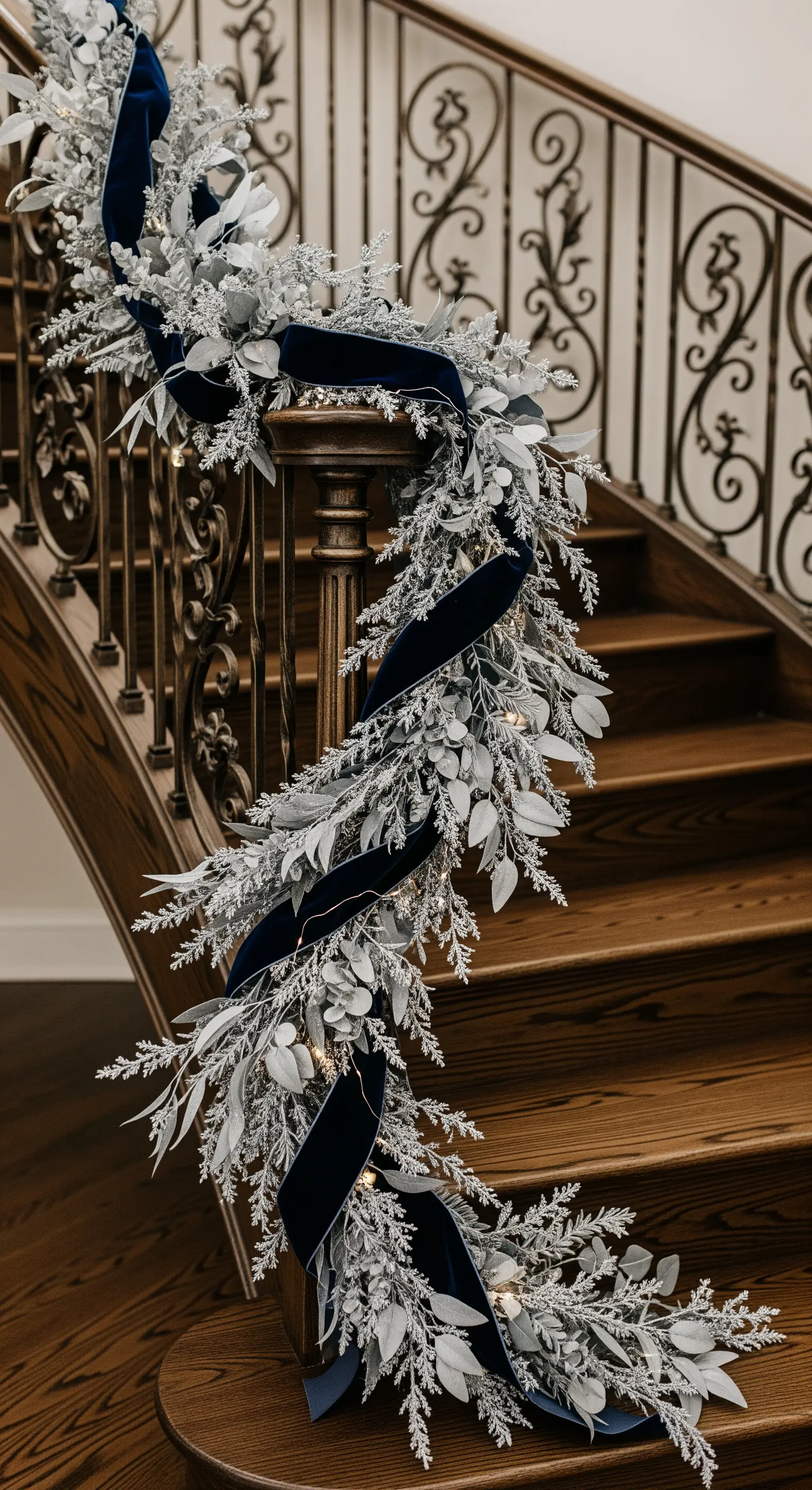 Dunkle Treppe mit Eukalyptus-Girlande, Samtband in Nachtblau und Silber.