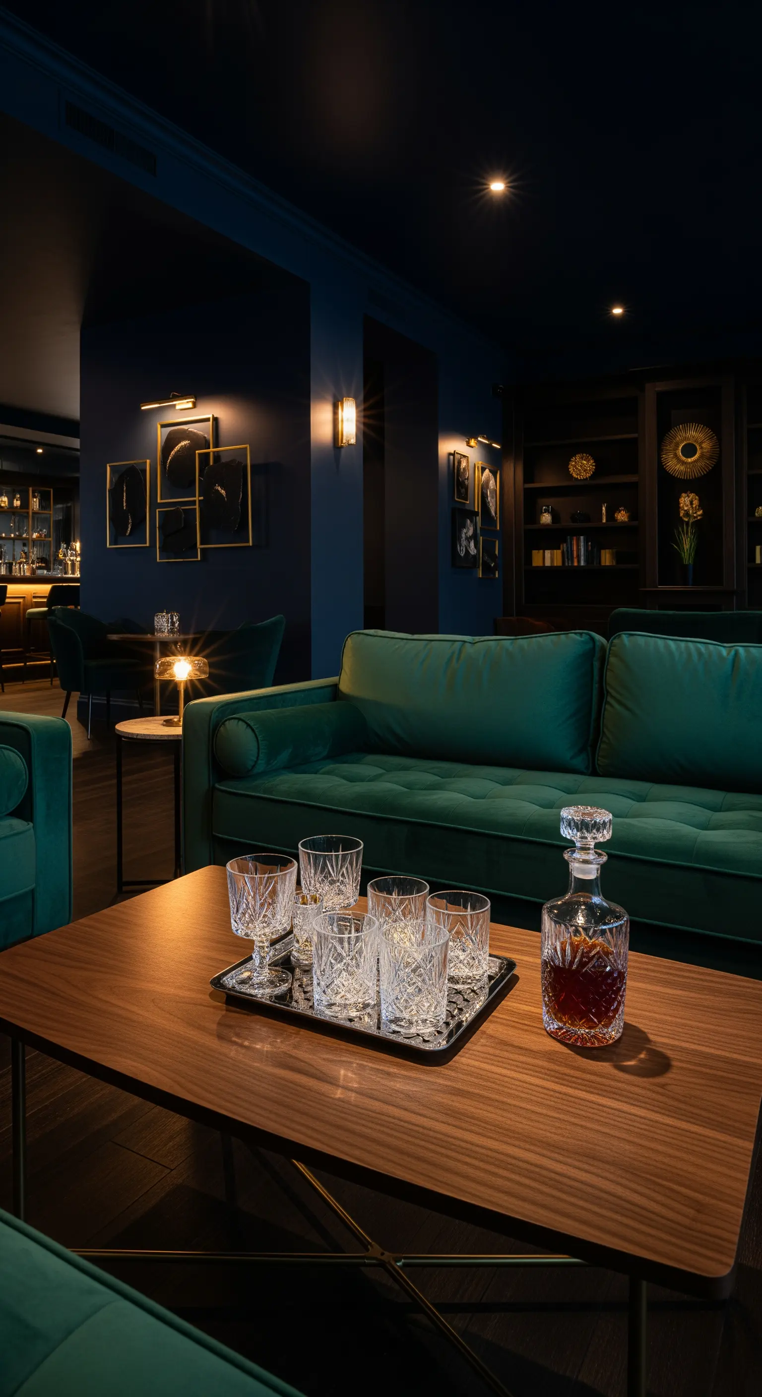 Samtsofa, dunkler Couchtisch mit Kristallgläsern, Wandleuchten in dunklem Raum