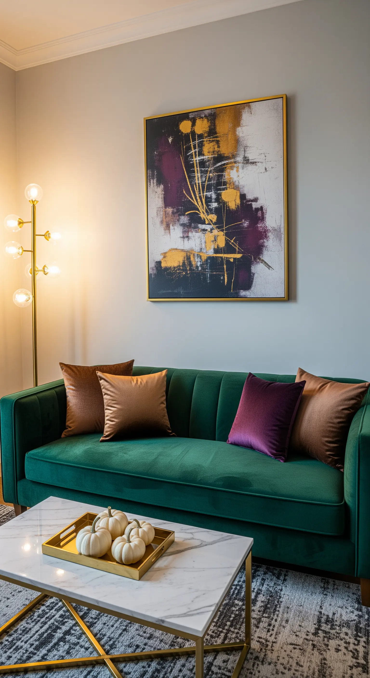 Grüner Samtsofa mit Kunst, Goldlampe und weißen Kürbissen.