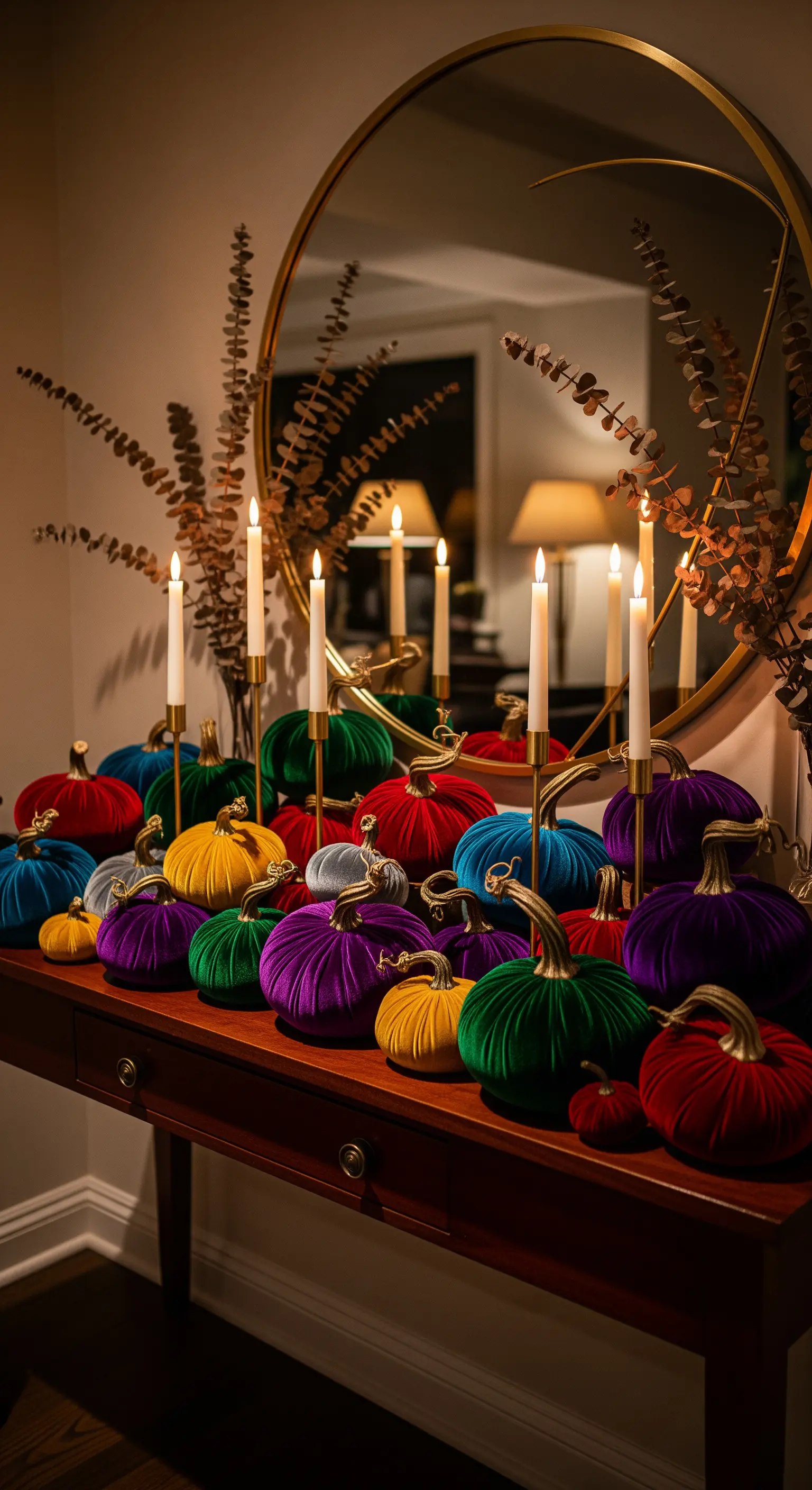 Samtige Kürbisse in Juwelenfarben, goldene Kerzen und Spiegel auf Konsolentisch