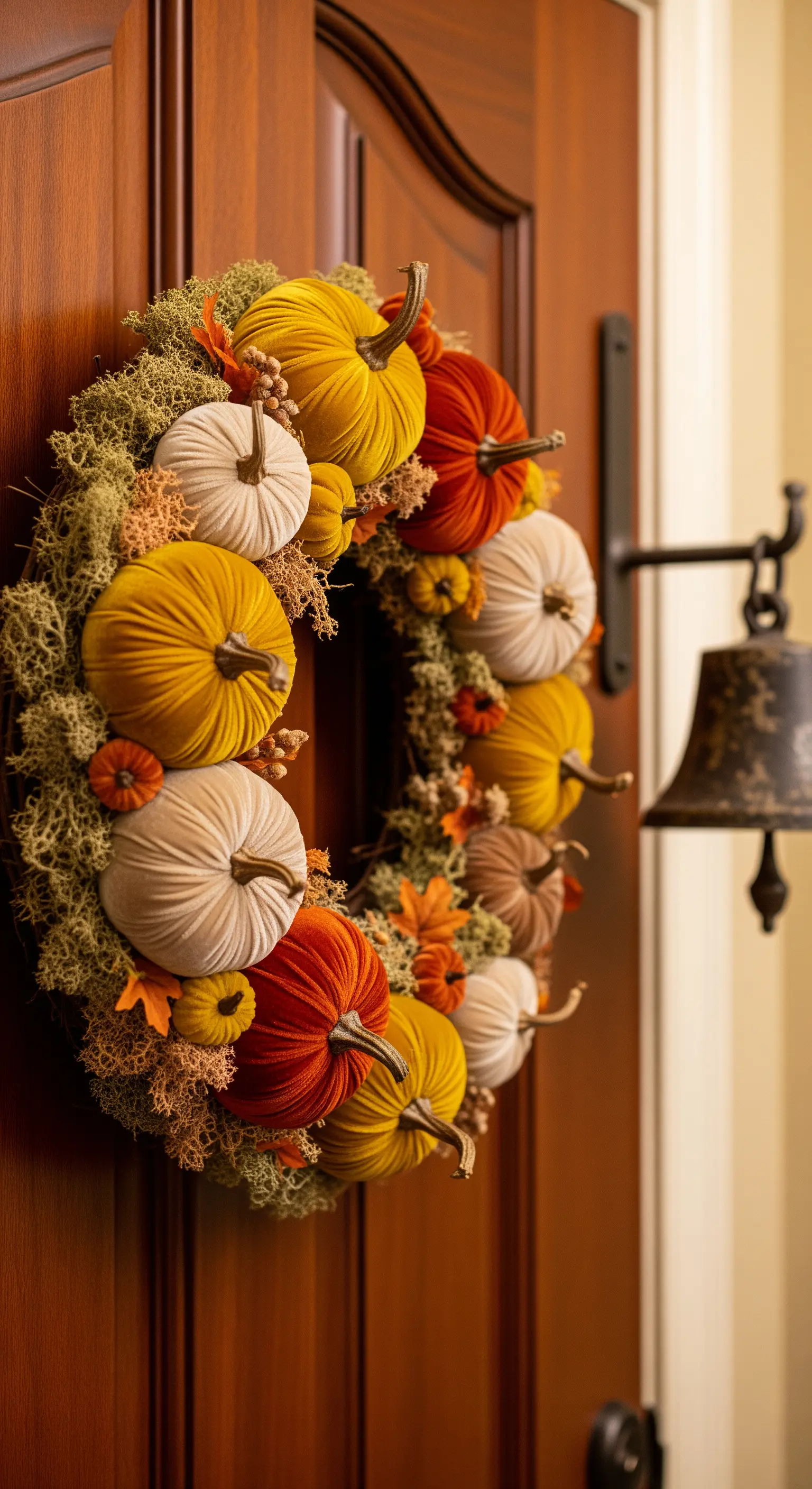 Samt-Kürbiskranz in Senfgelb, Creme, Rostorange an Holztür