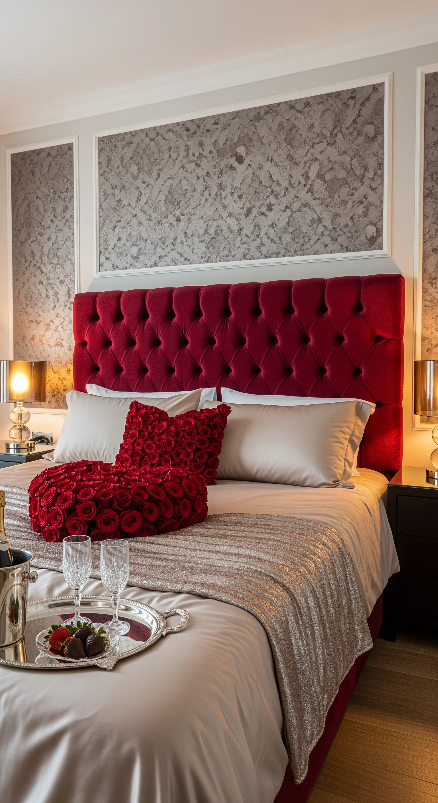 Luxuriöses Schlafzimmer mit rotem Samt-Kopfteil und eleganten Akzenten