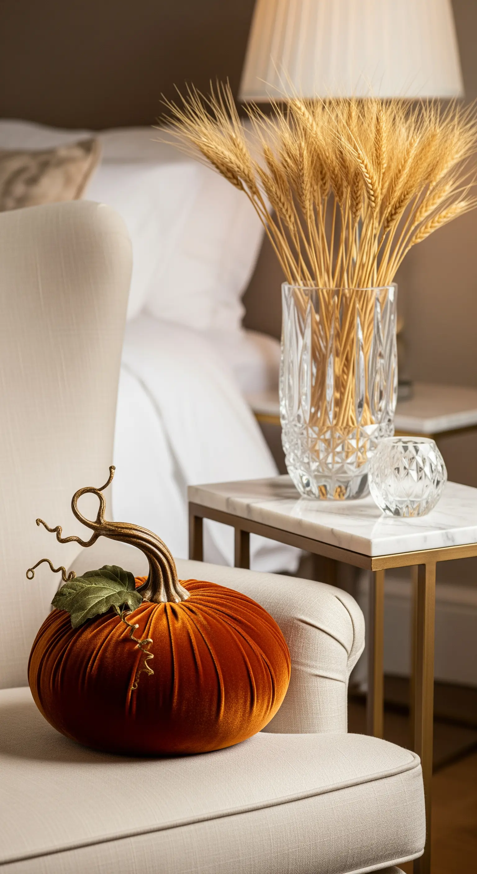 Samtkürbis auf beigem Sessel mit Weizenähren auf Marmortisch im Schlafzimmer