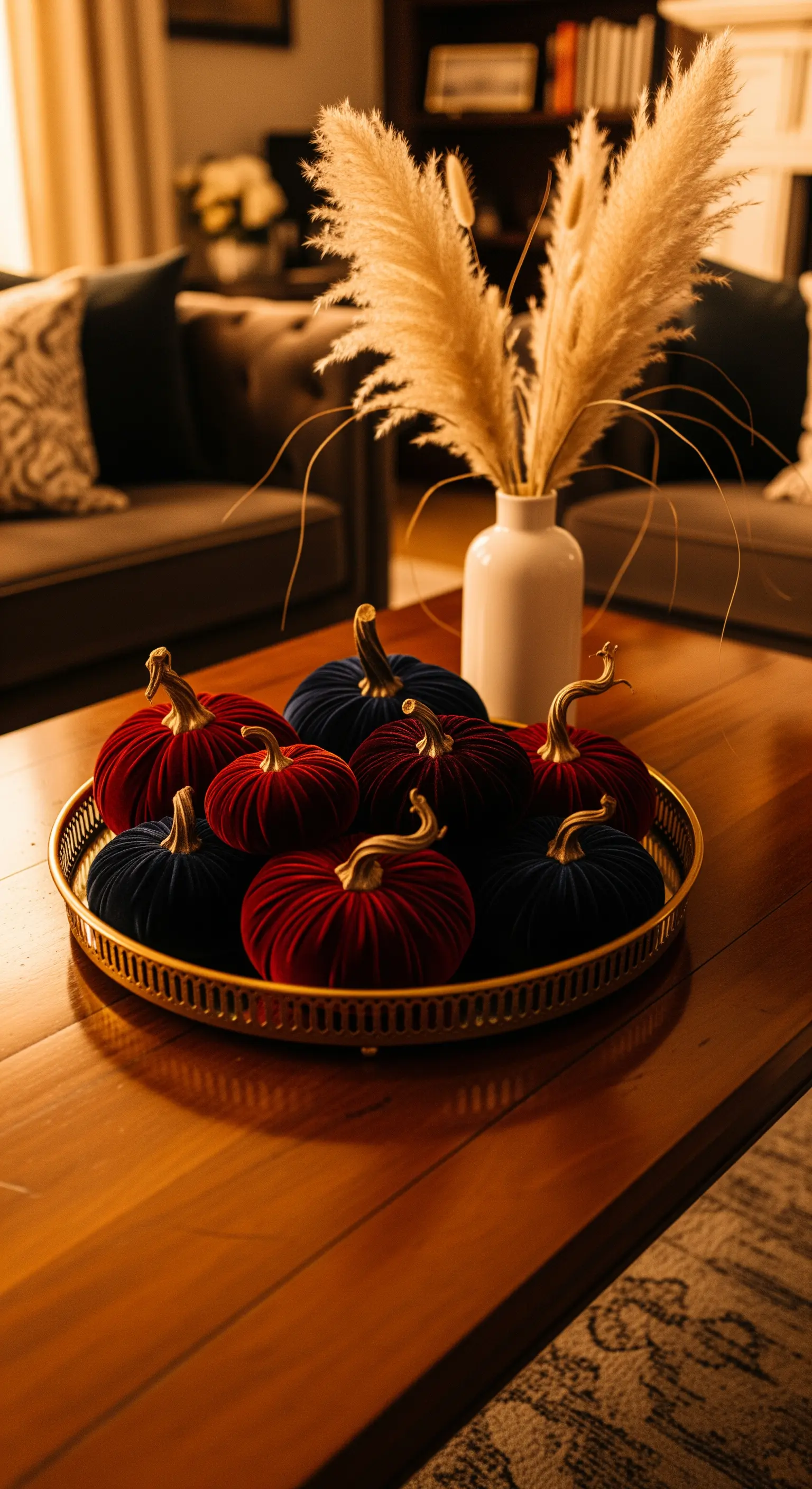 Couchtisch mit Samtkürbissen, goldenem Tablett und Pampasgras.