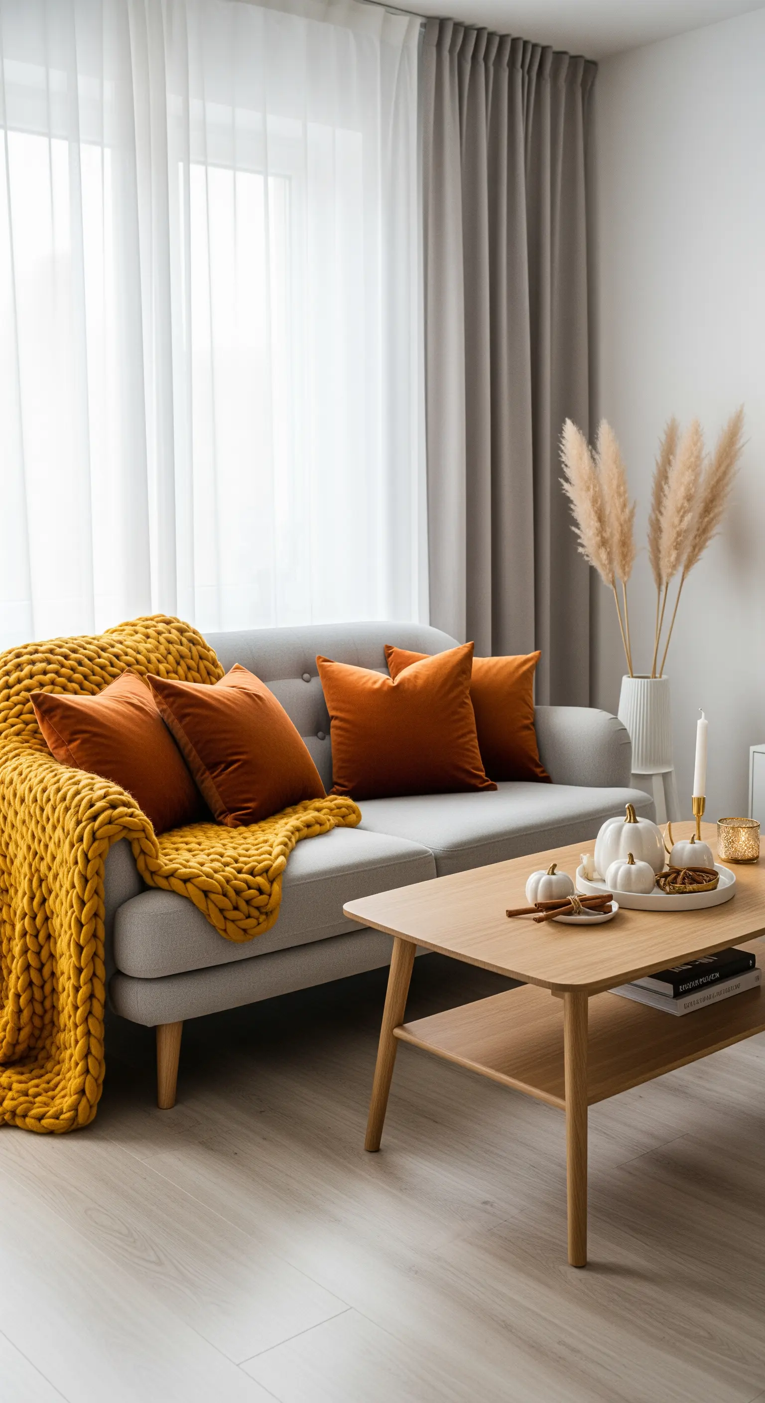 Gemütliches Wohnzimmer mit gelbem Strickplaid und rostfarbenen Kissen.