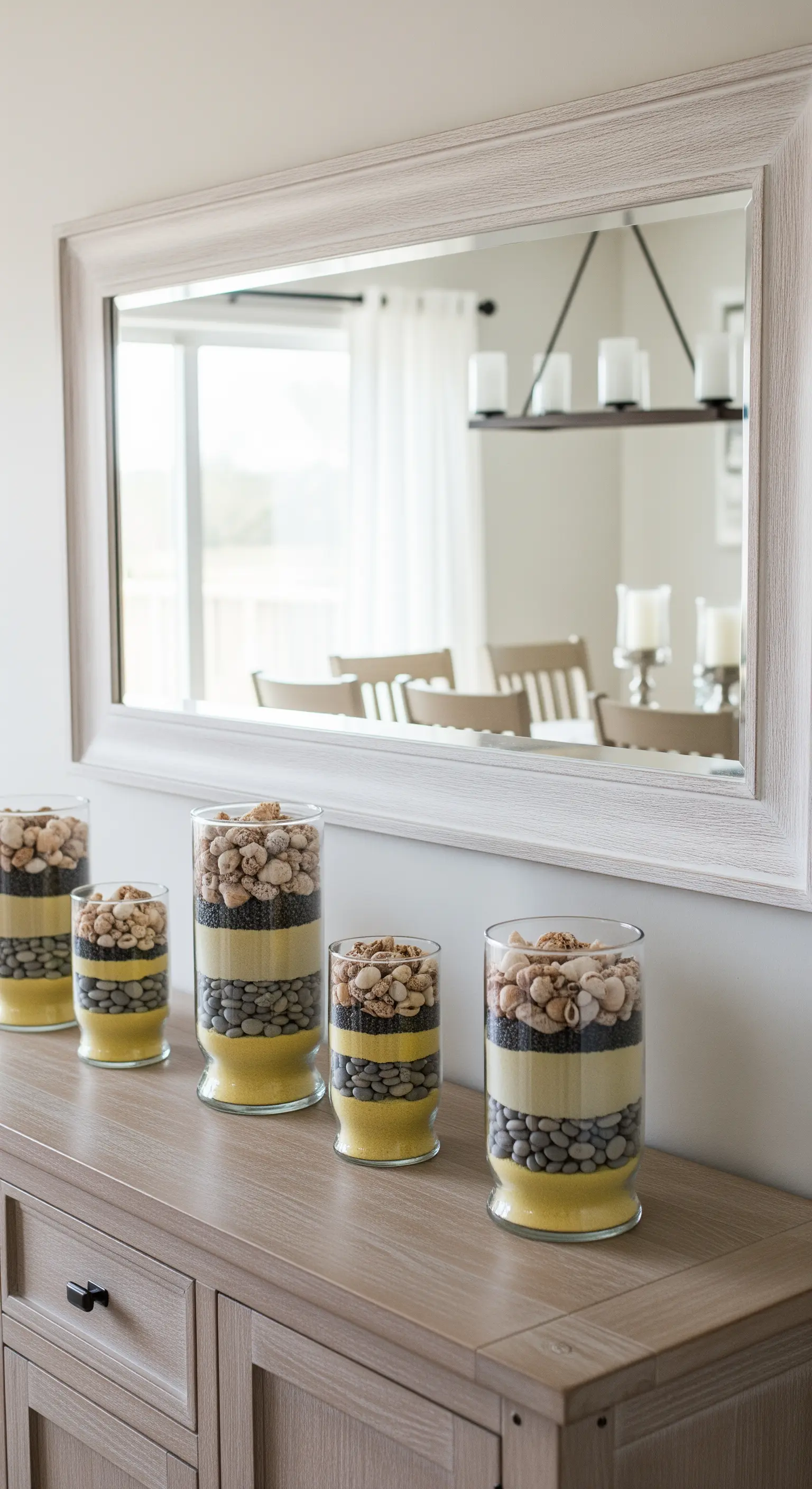 Glasvasen mit geschichtetem Sand, Kieselsteinen und Muscheln auf Sideboard