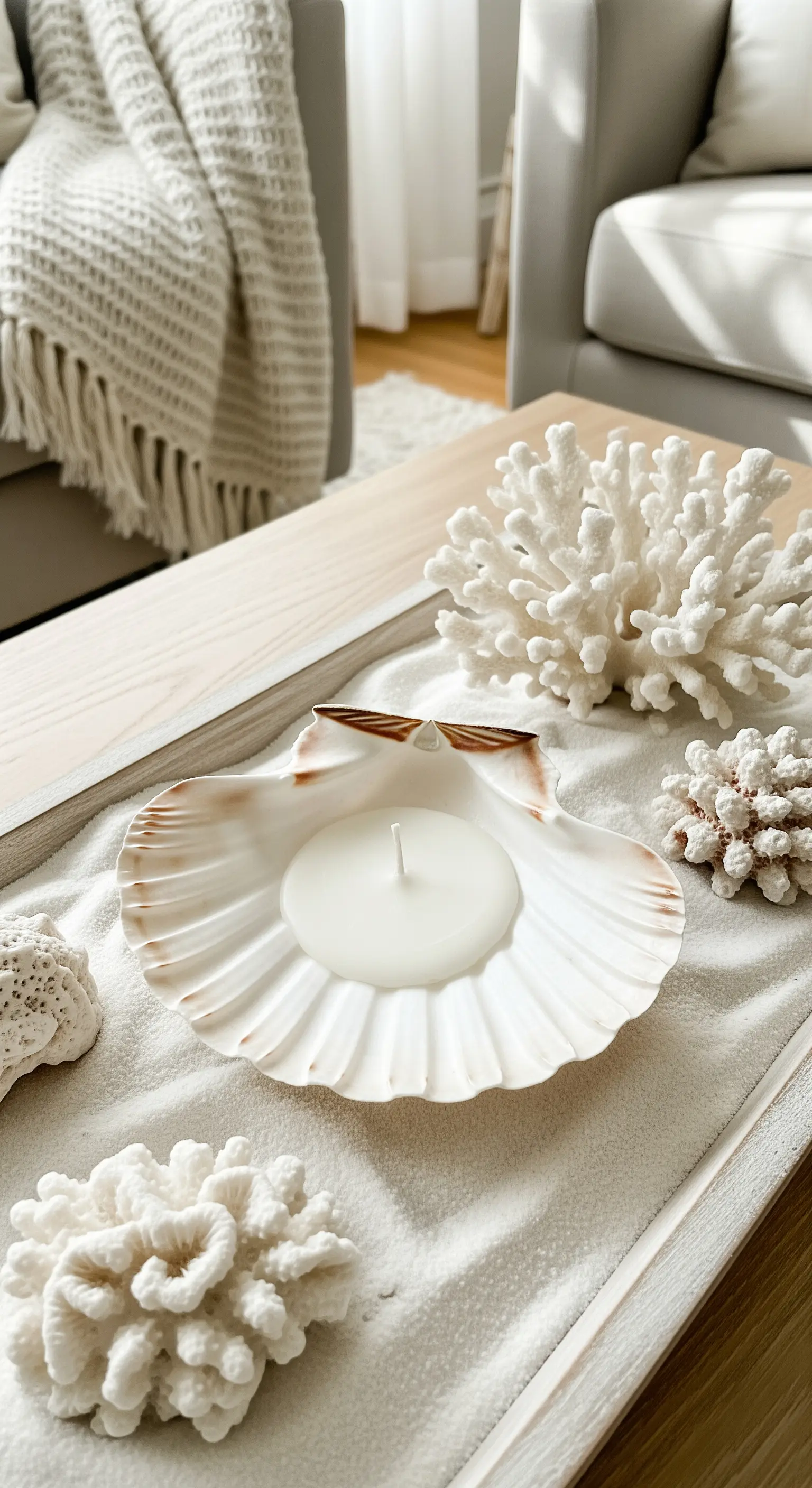 Couchtisch mit Sand, Muschel-Teekerze und weißen Korallen auf einem Tablett