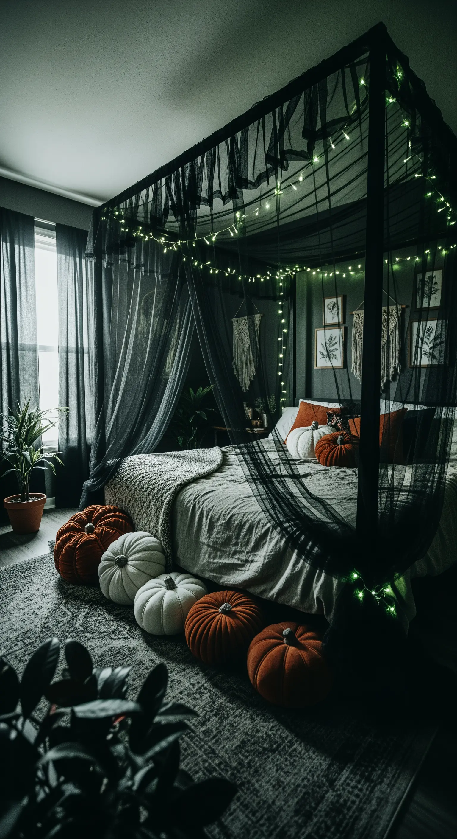 Elegante Halloween Schlafzimmer-Deko mit grün beleuchtetem Himmelbett und Kürbiskissen