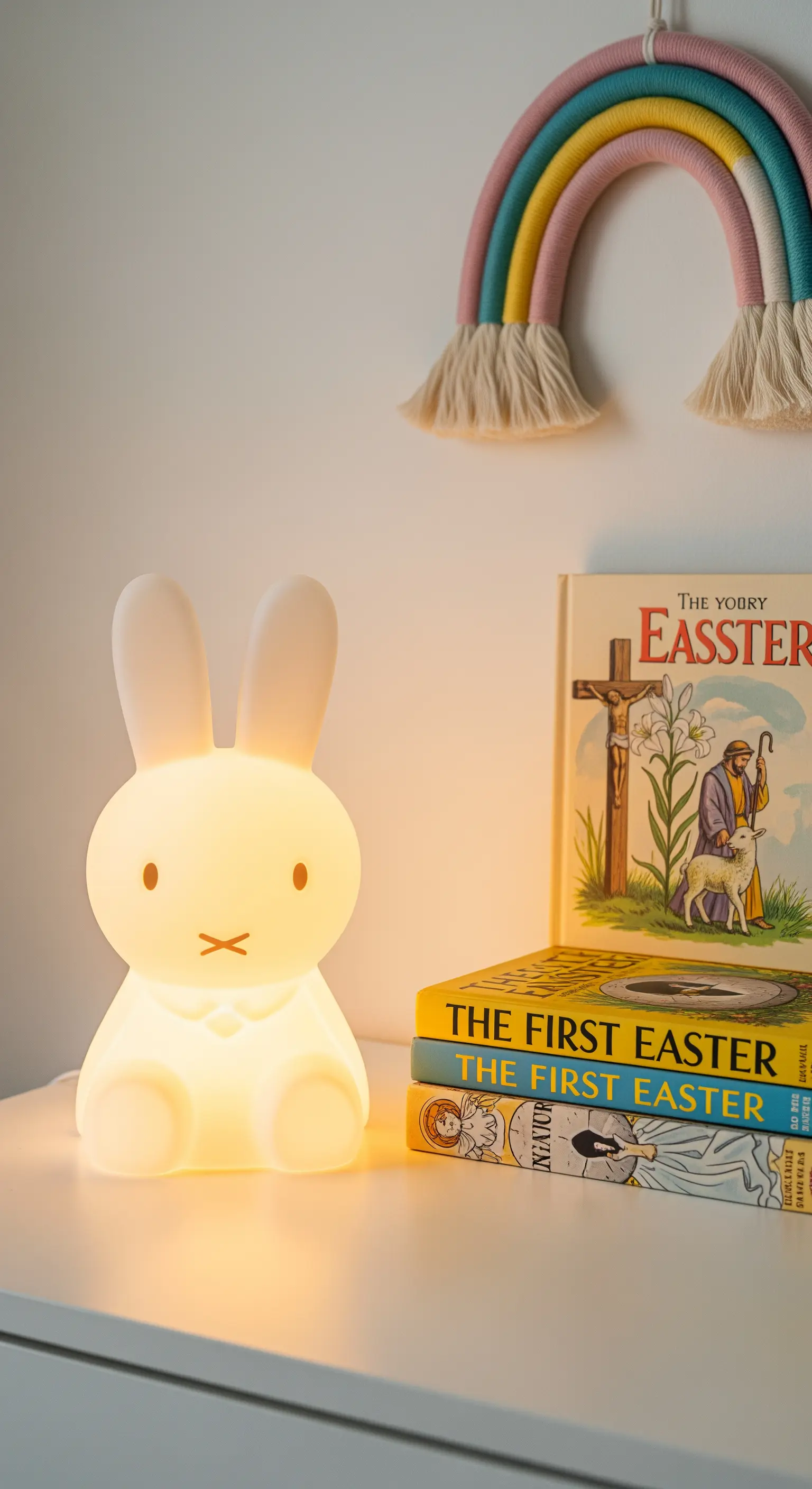 Miffy lamp, rainbow wall art, and Easter books on a nightstand.