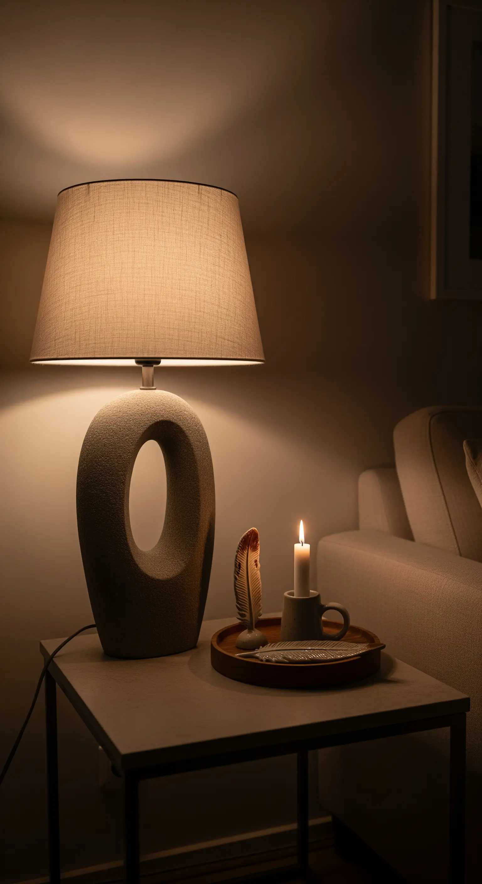 Beistelltisch mit Tischlampe, Kerze auf Holztablett und Feder