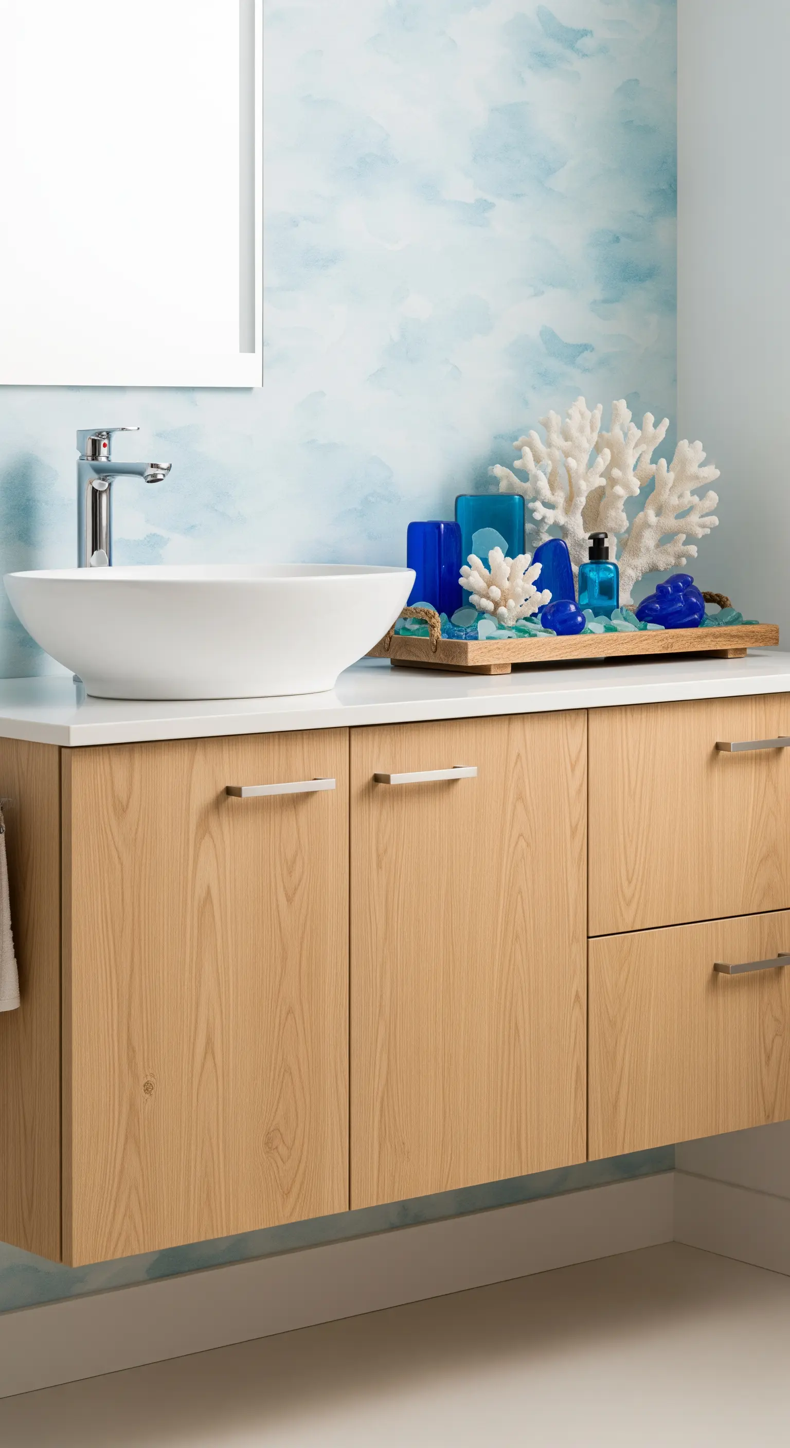 Badezimmer mit Aquarellwand, Holzwaschtisch, Korallen, blauen Glasflaschen auf Tablett.