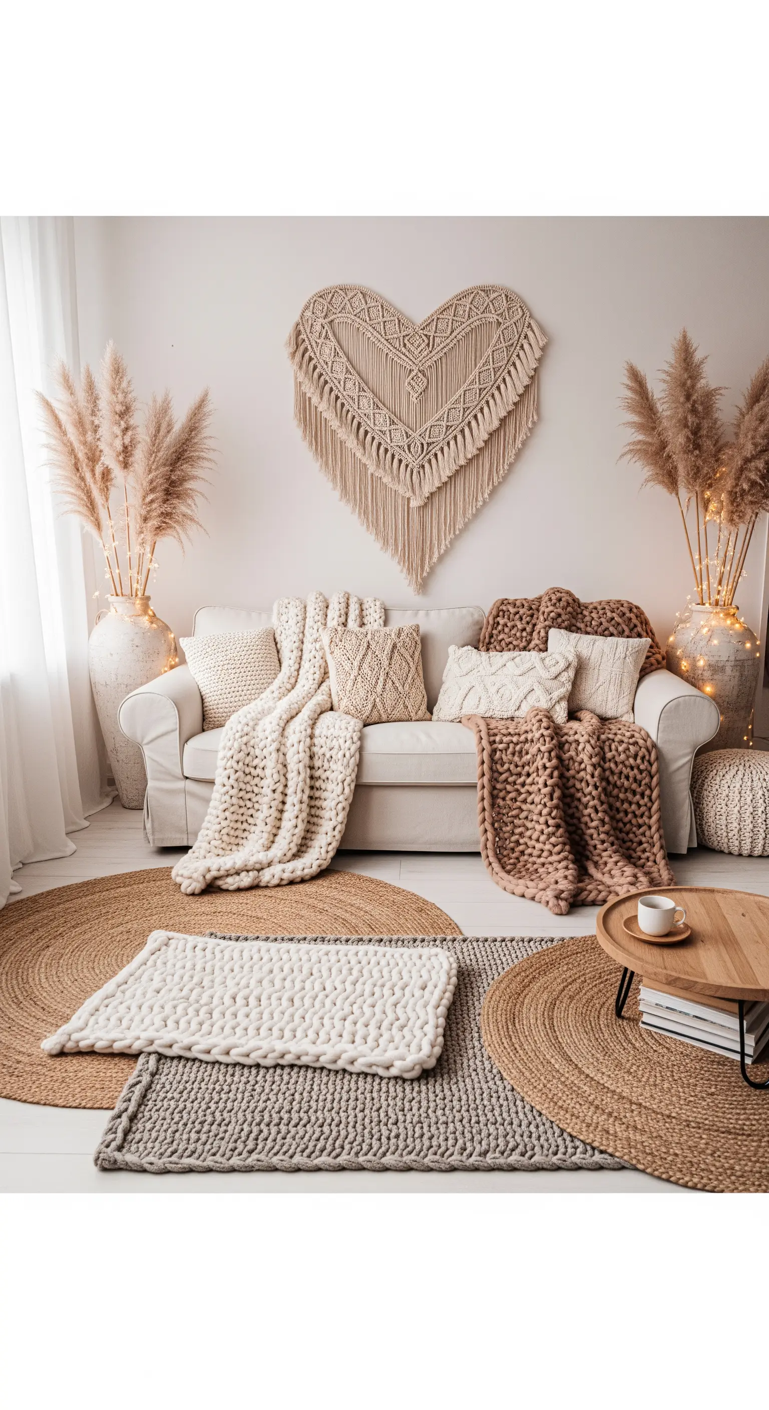 Boho-Wohnzimmer mit Makramee-Herz, Pampasgras, Schichtteppichen und Strickdecken in neutralen Tönen