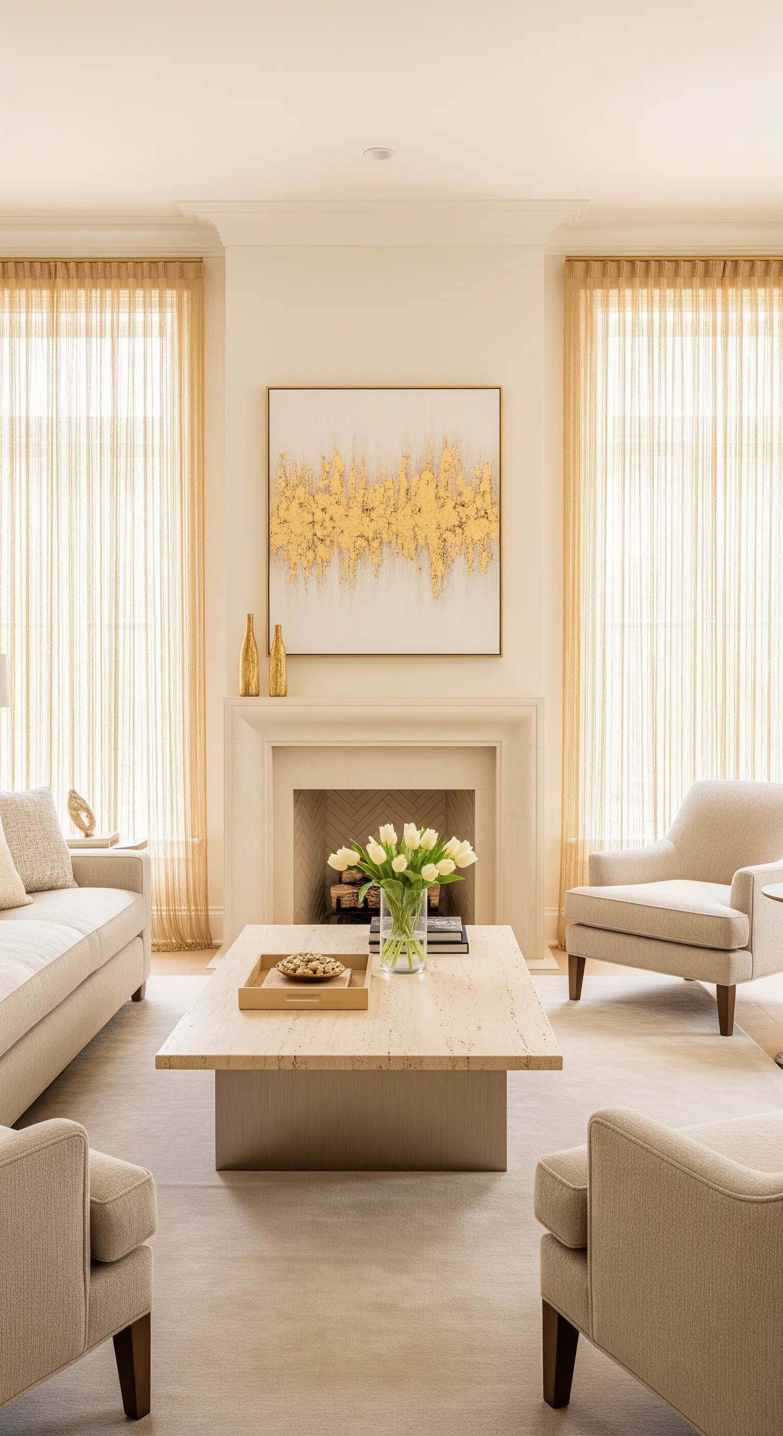 Helles, beigefarbenes Wohnzimmer mit goldenen Vorhängen und Travertin-Tisch.