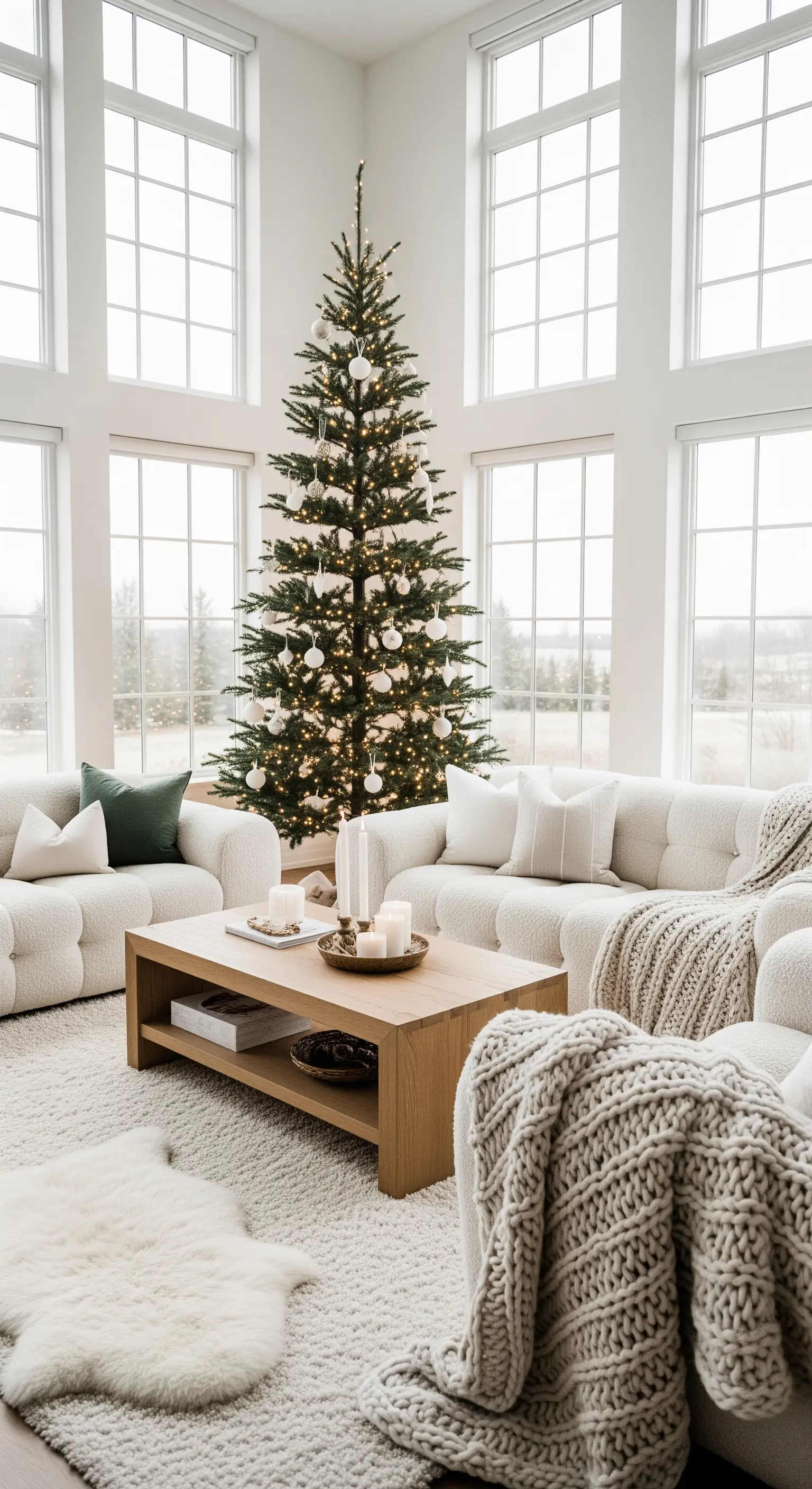 Minimalistische Weihnachtsdeko in Weiß und Naturfarben, modernes Wohnzimmer