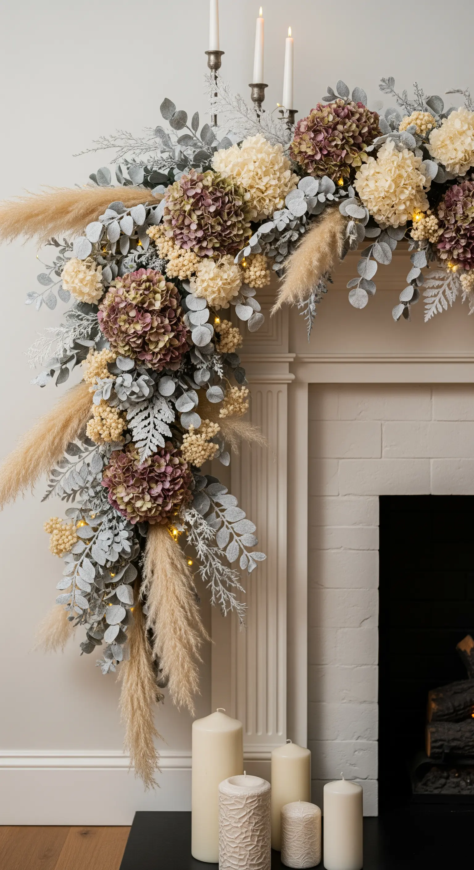 Üppige Girlande aus Trockenblumen wie Hortensien und Pampasgras an einem Kamin.