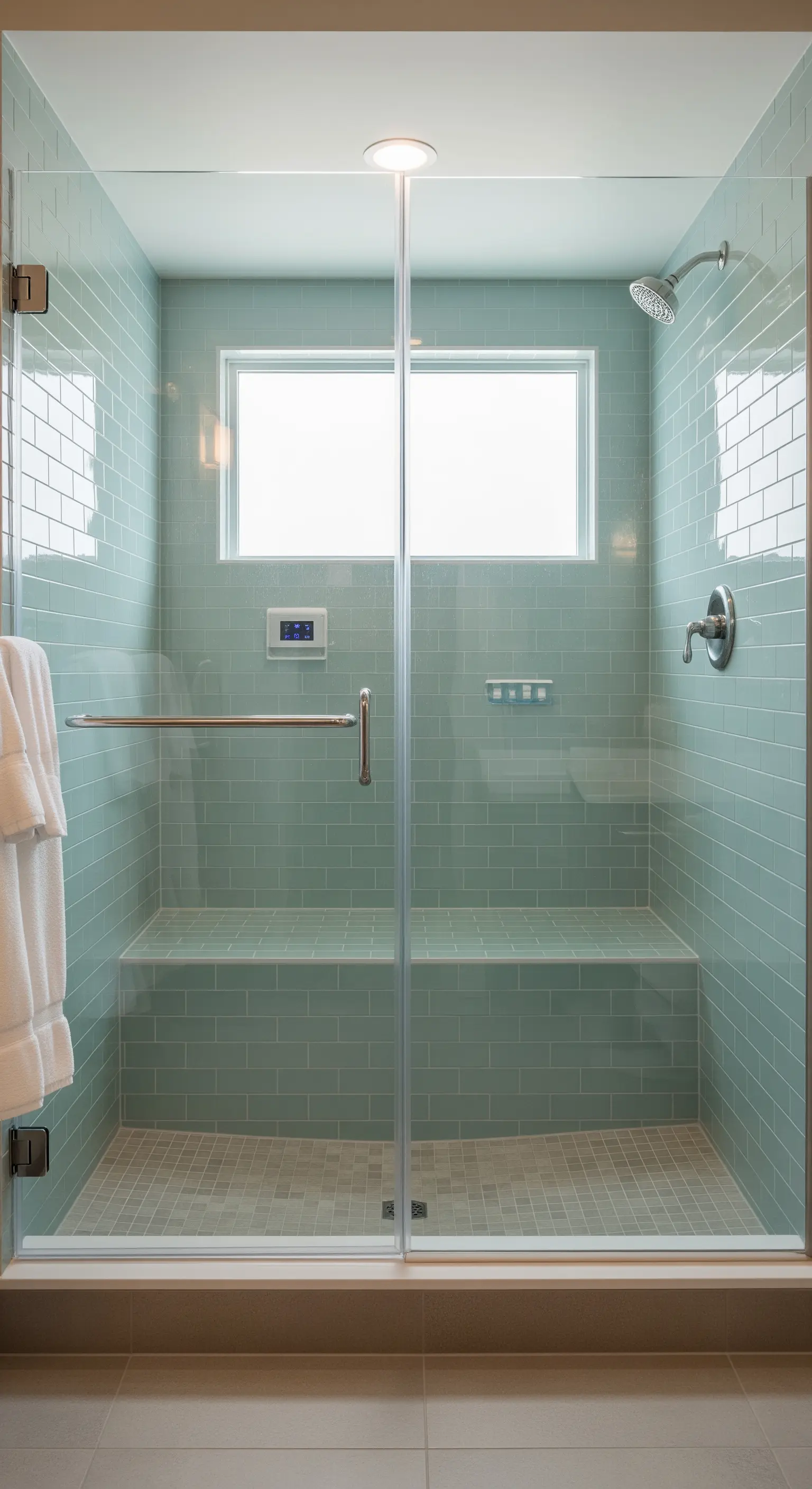 Geräumige Dusche mit mintgrünen Subway-Fliesen und einer breiten, gefliesten Sitzbank