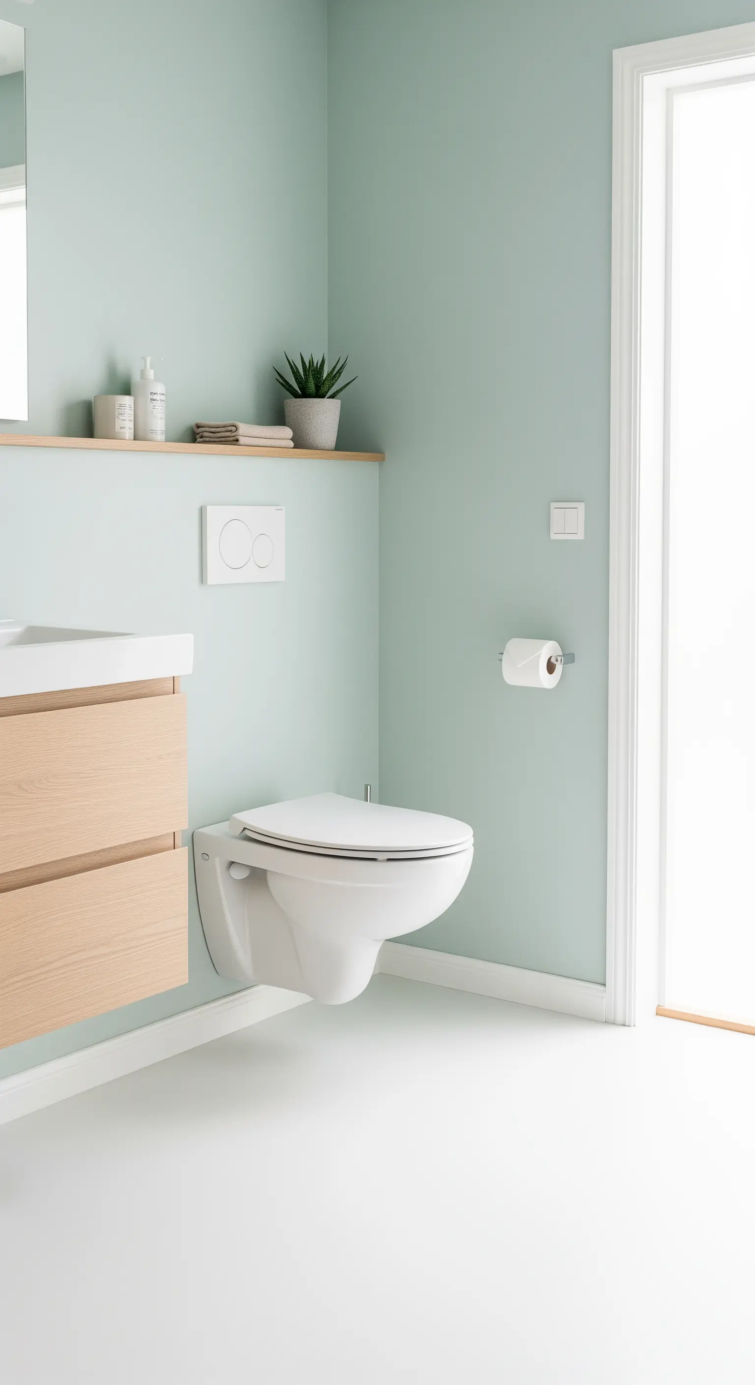 Badezimmer mit salbeigrünen Wänden, schwebendem Waschtisch und Toilette.