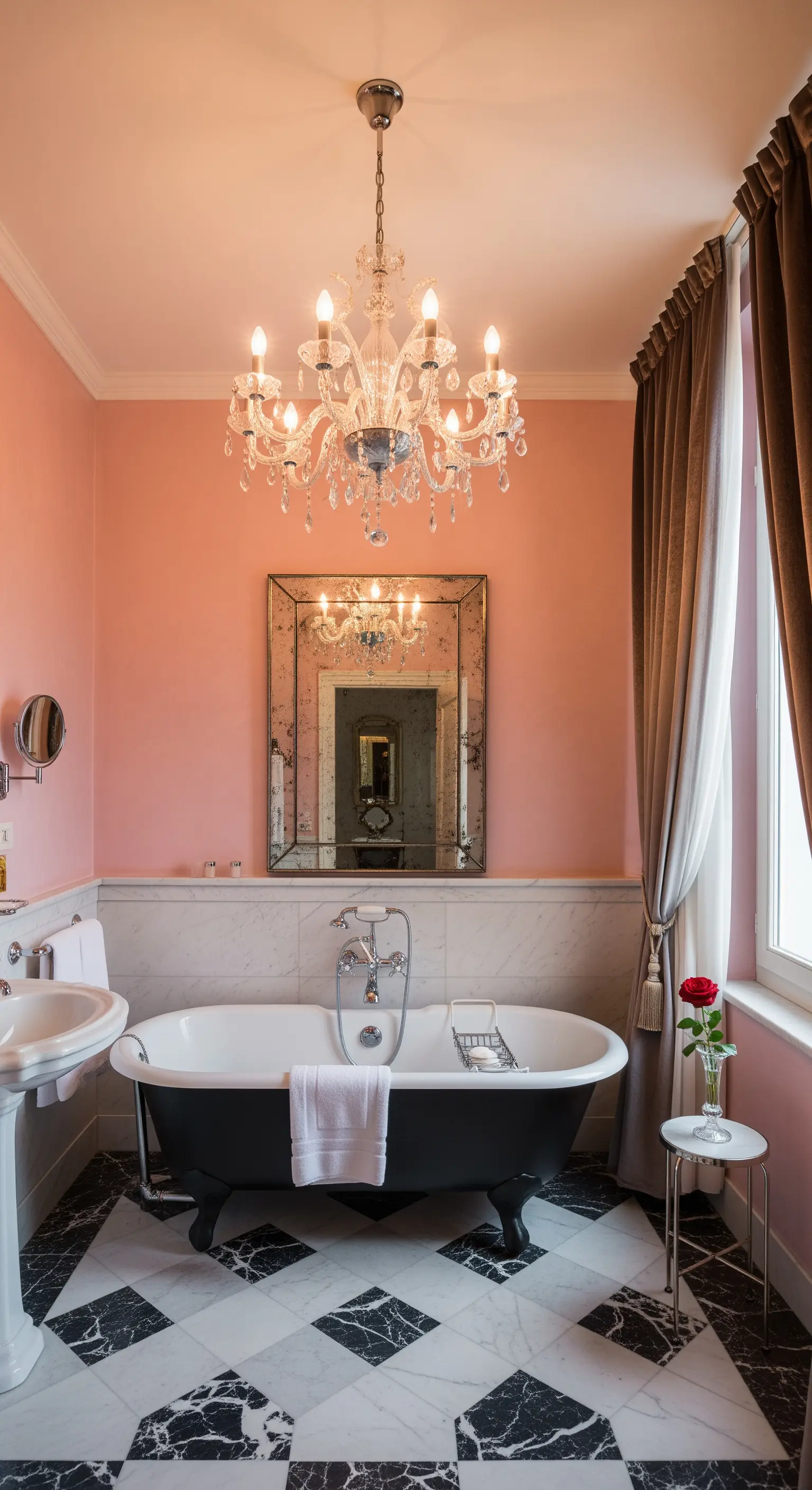 Elegantes Badezimmer mit rosa Wänden, schwarzer Badewanne und Kristallleuchter.