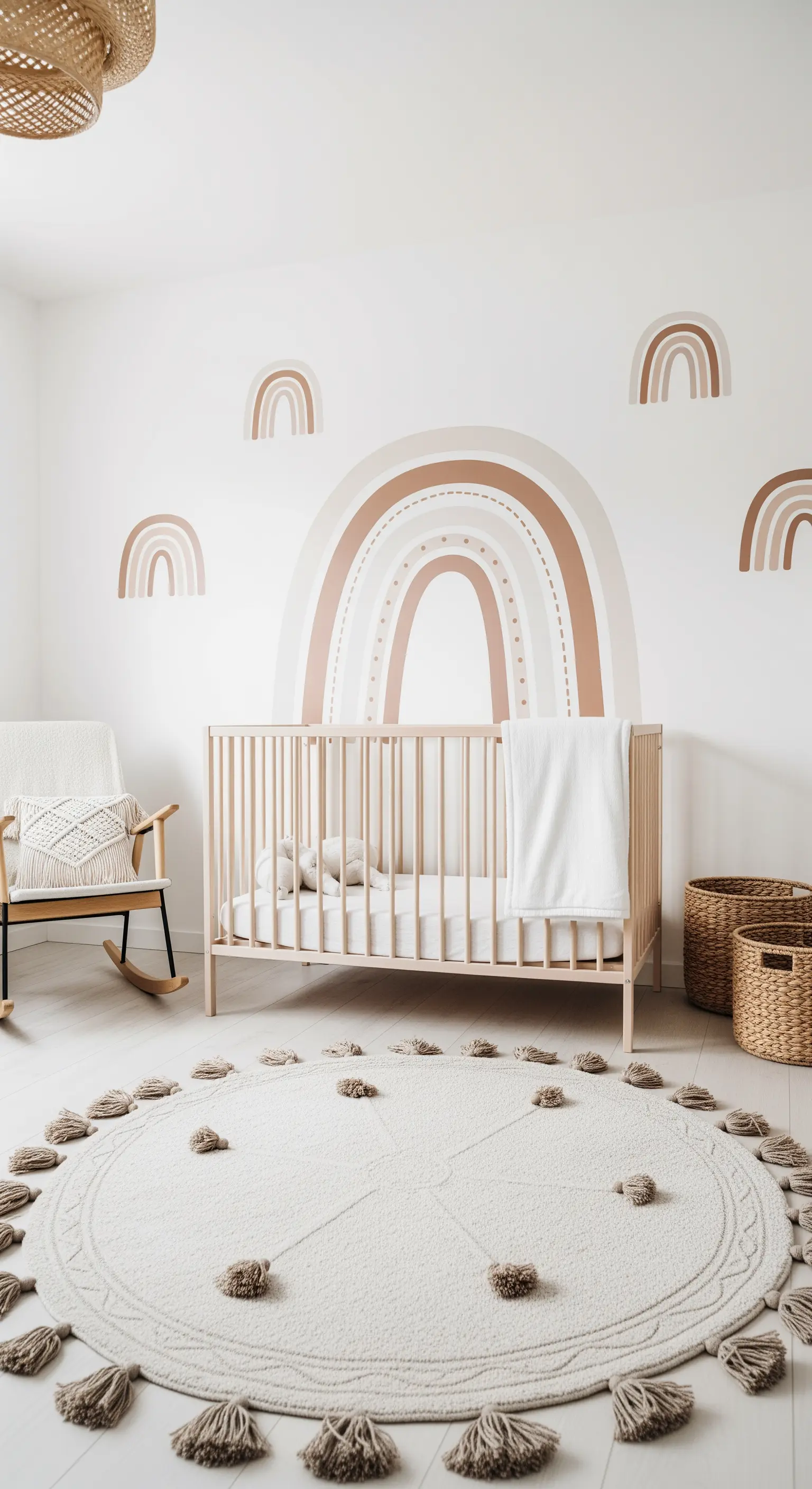 Boho-Kinderzimmer mit einem Regenbogen-Wandtattoo in Erdtönen und einem runden Teppich.