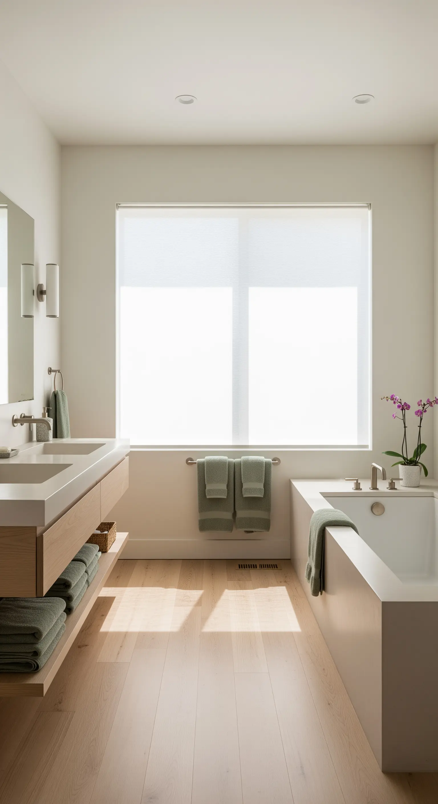 Helles, minimalistisches Badezimmer mit hellem Holz, weißen Wänden und salbeigrünen Handtüchern.