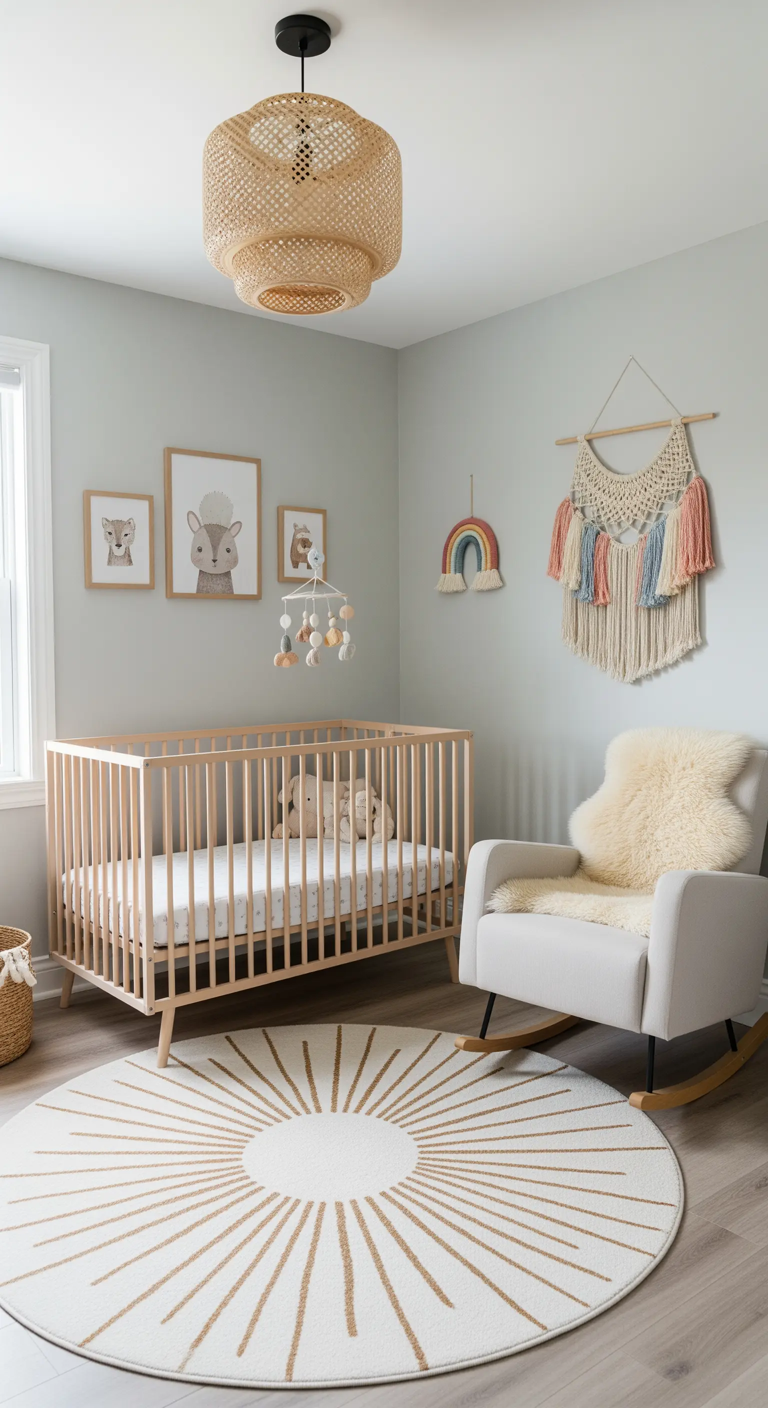 Boho-Kinderzimmer mit Möbeln aus hellem Holz, Rattan-Lampe und verspieltem Teppich.