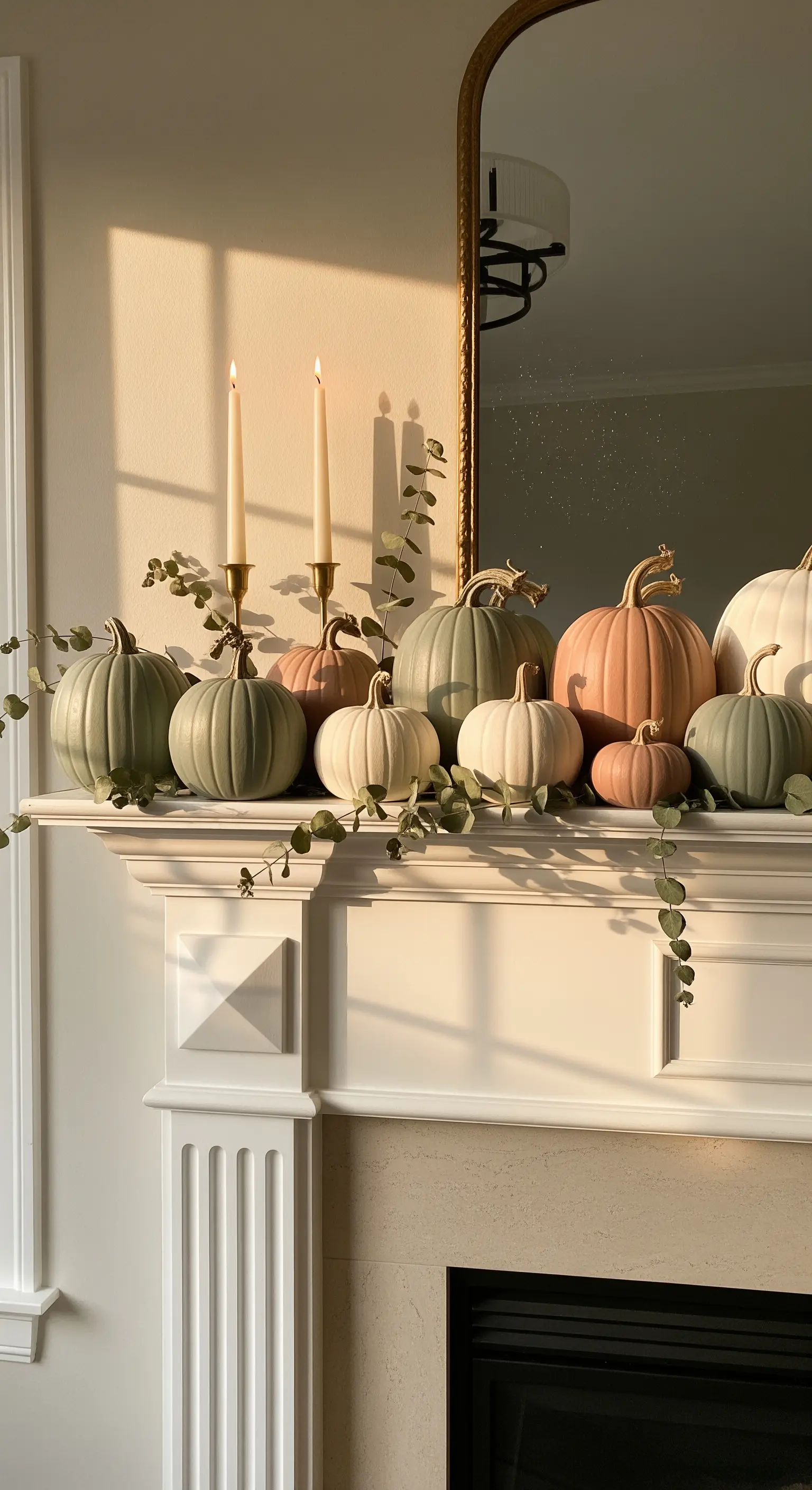 Kaminsims mit Pastellkürbissen, Eukalyptus, Kerzen und Spiegel.