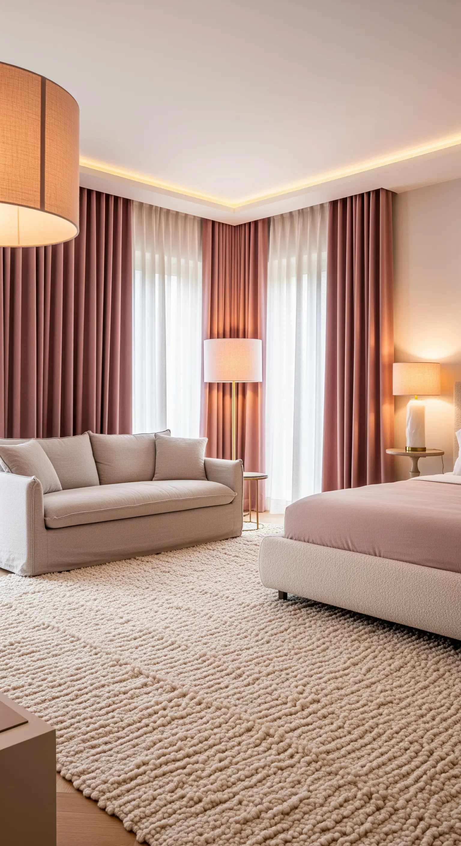 Elegantes Schlafzimmer mit altrosa Vorhängen, beigem Sofa und einem hochflorigen Teppich.