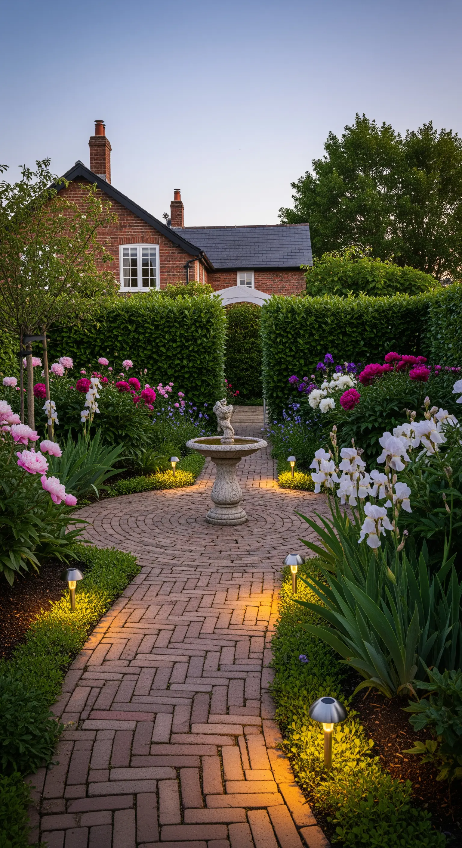 Dezente Bodenspots beleuchten einen Ziegelweg zwischen üppigen Pfingstrosenbeeten.