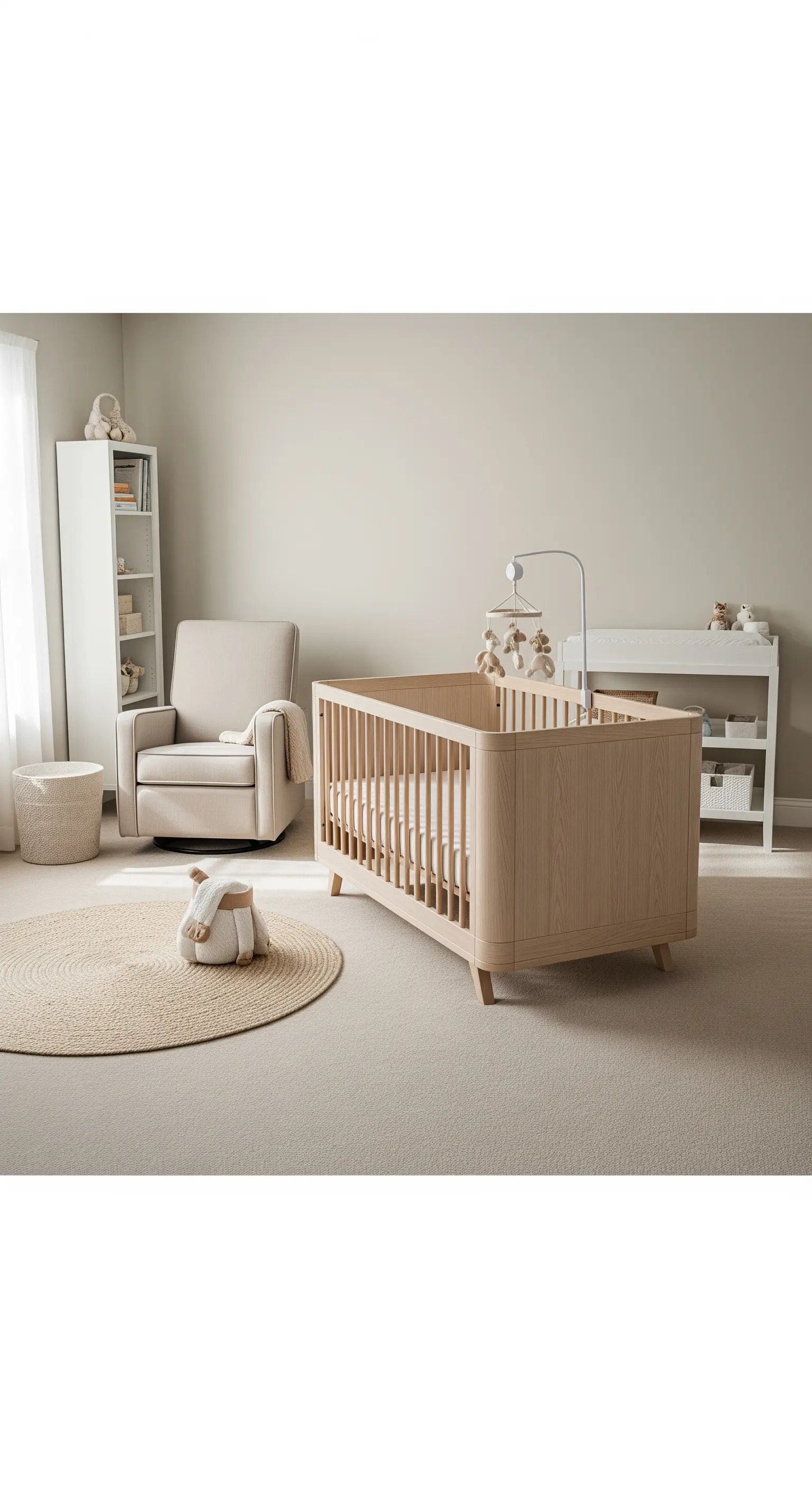 Helles, ruhiges Kinderzimmer mit Holzmöbeln, einem bequemen Sessel und einem Jute-Teppich.