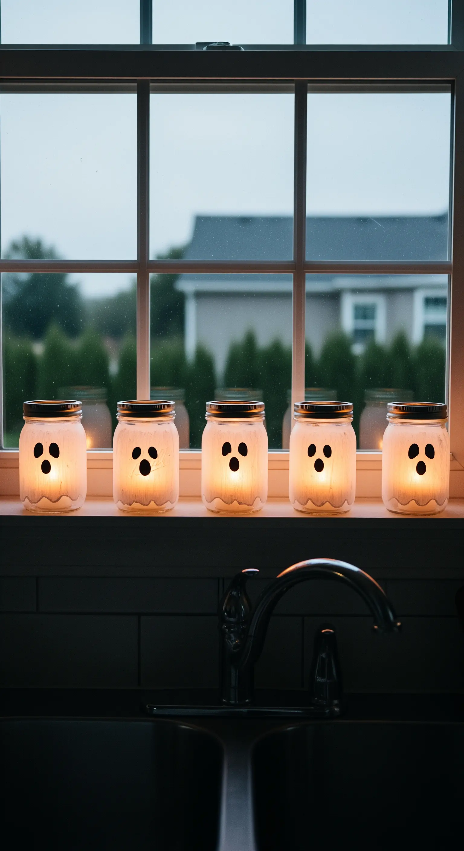 Leuchtende Geisterlaternen aus Einmachgläsern auf einer Fensterbank.