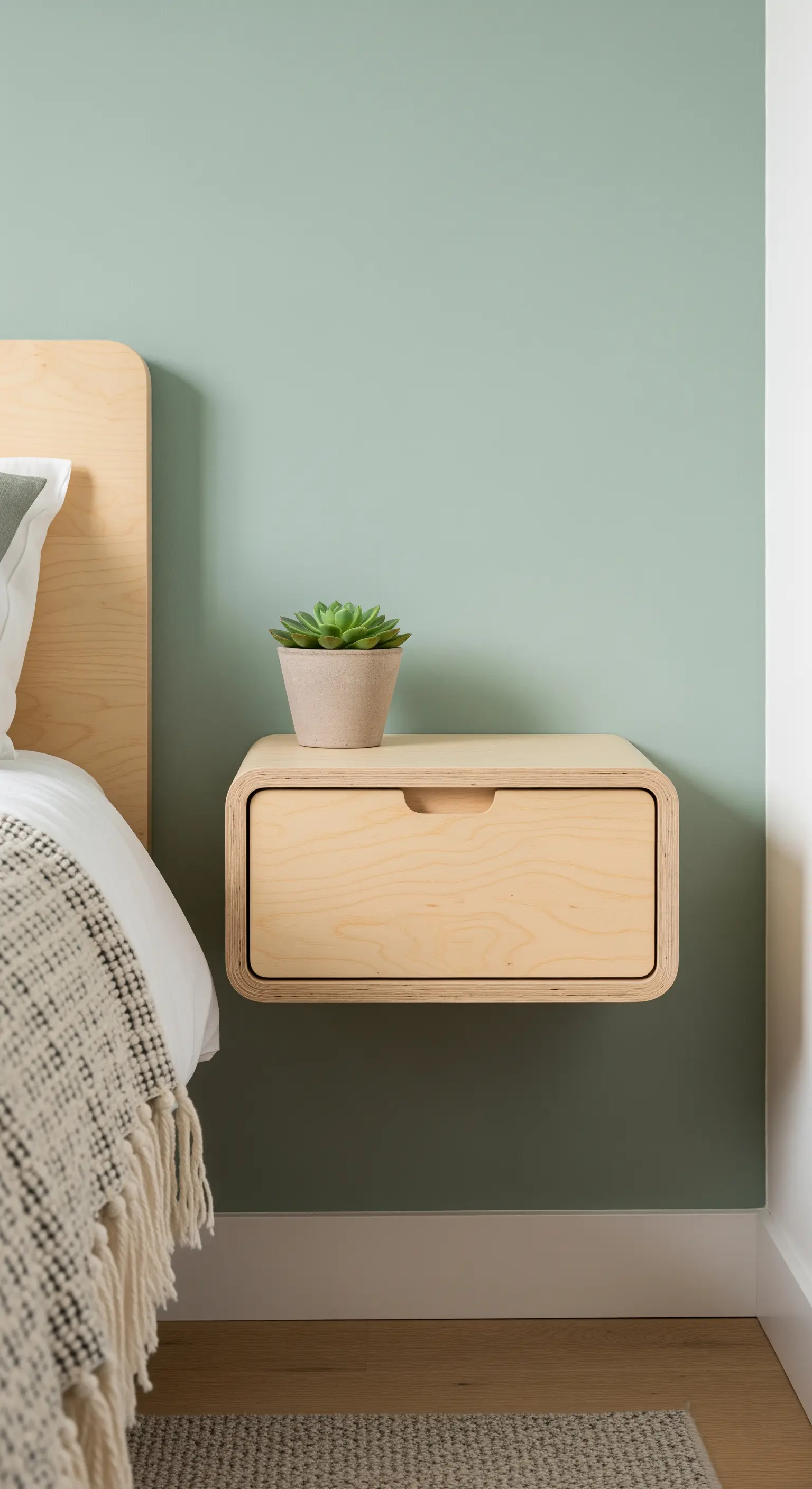 Schwebender Nachttisch aus hellem Holz mit abgerundeten Ecken und einer Sukkulente.