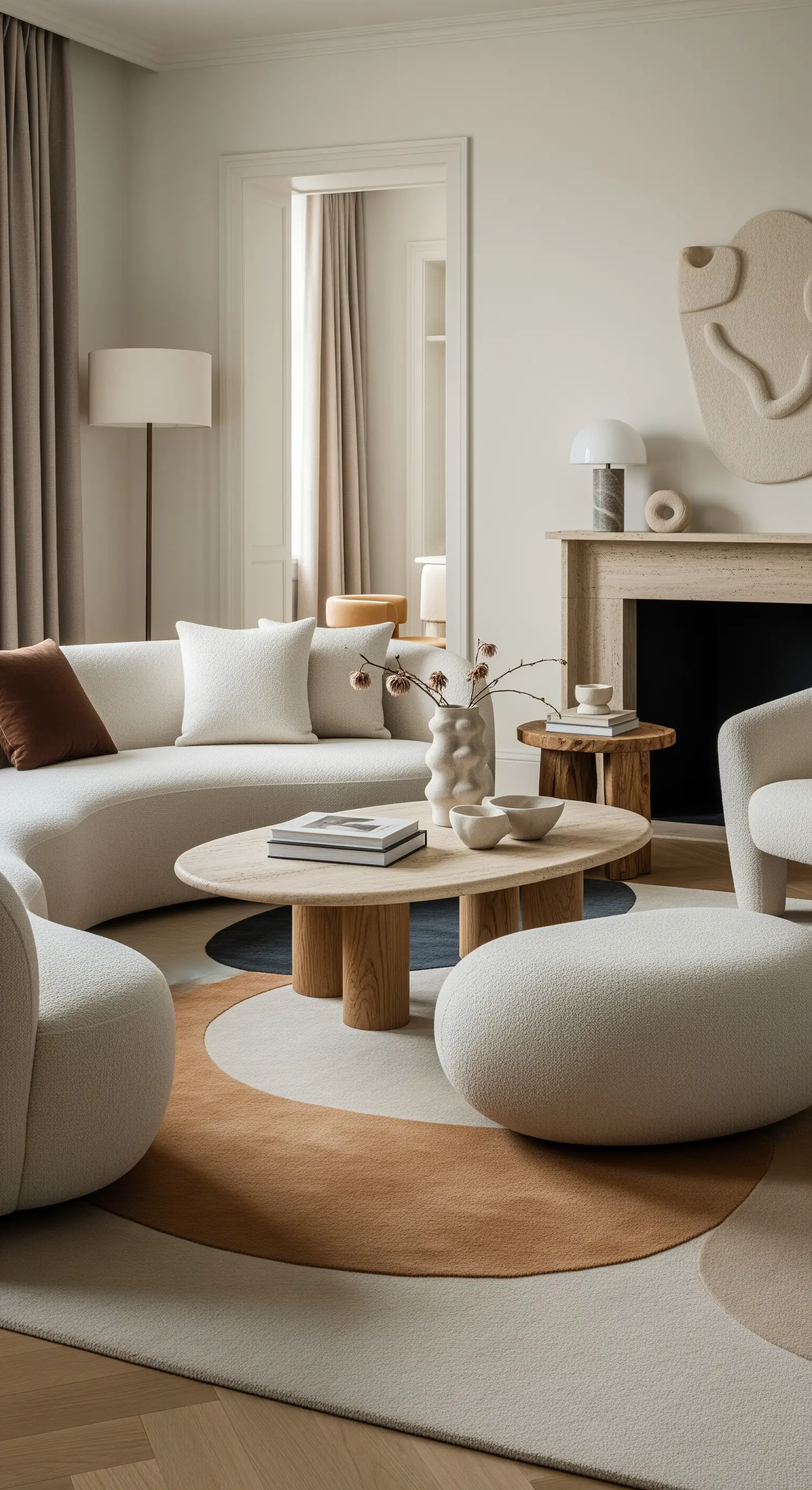 Modernes Wohnzimmer mit geschwungenem Sofa, rundem Teppich und organischen Formen.