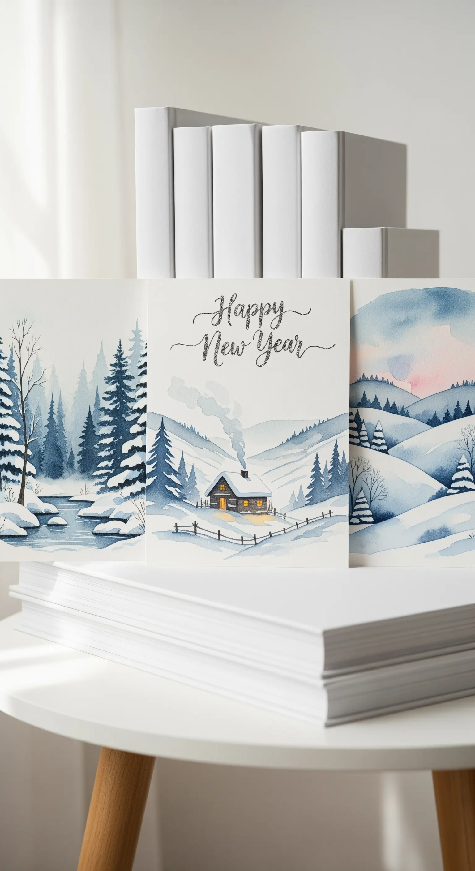 Winterliche Aquarell-Neujahrskarten mit Schneelandschaft und