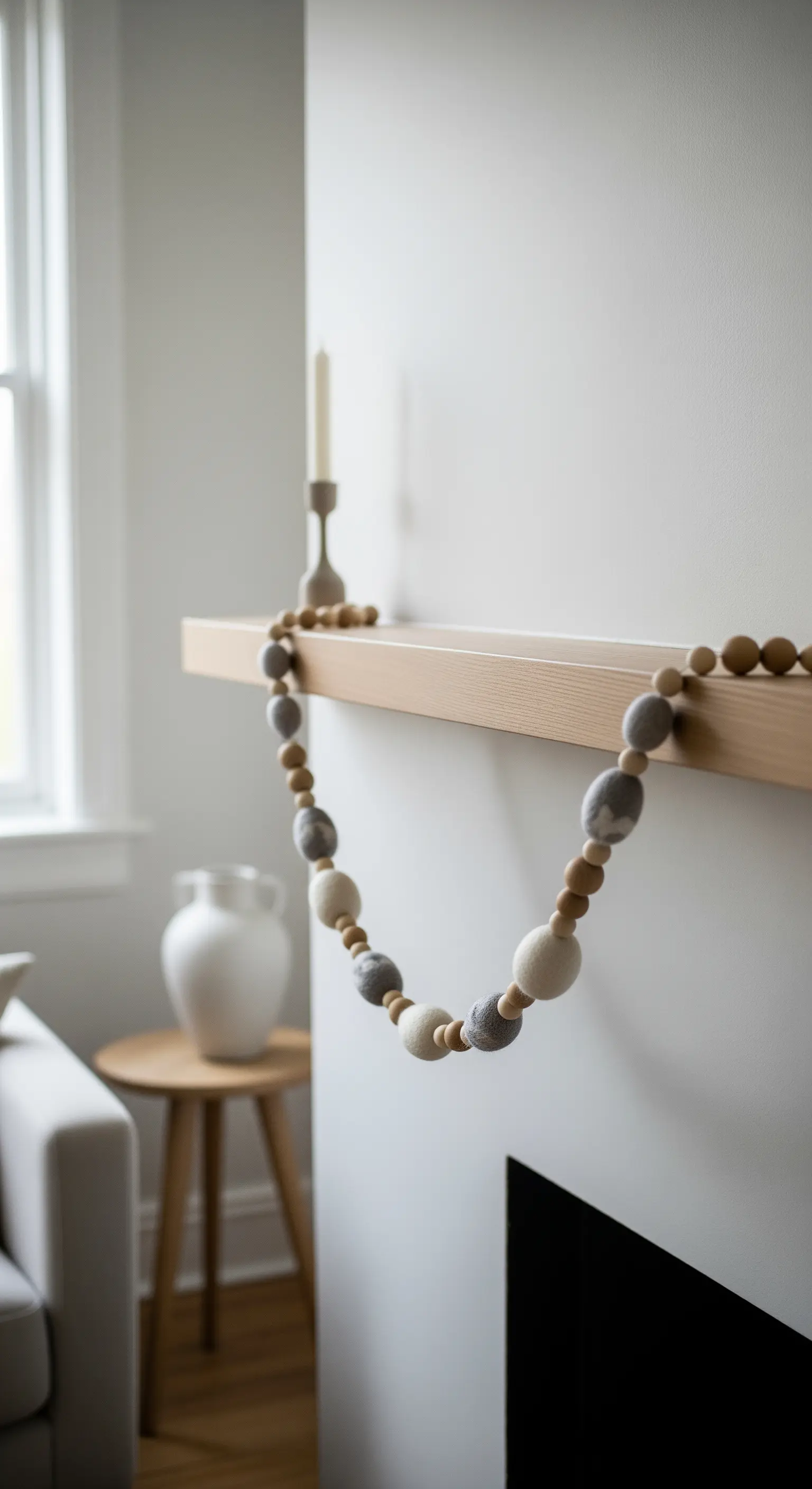 Eine Girlande aus Filzkugeln in Naturtönen hängt locker über einem Kaminsims.