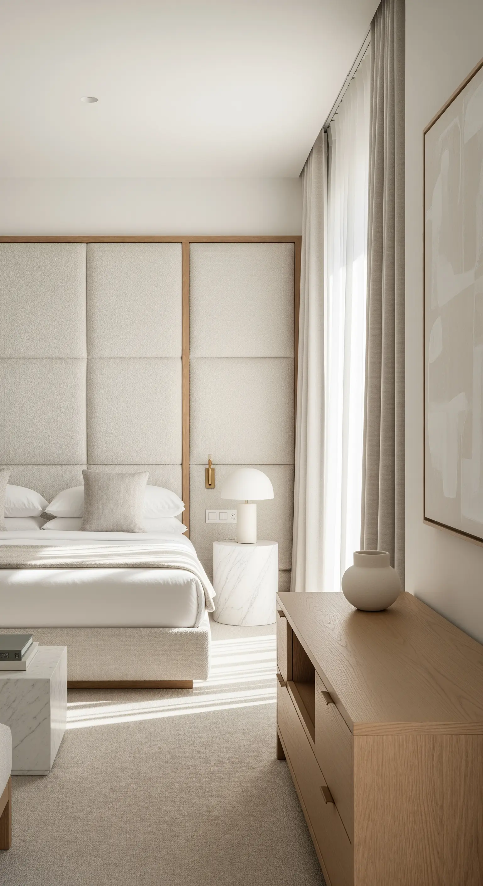 Gepolsterte Wandpaneele in Creme mit hellem Holzrahmen für ein sanftes Schlafzimmer-Ambiente.