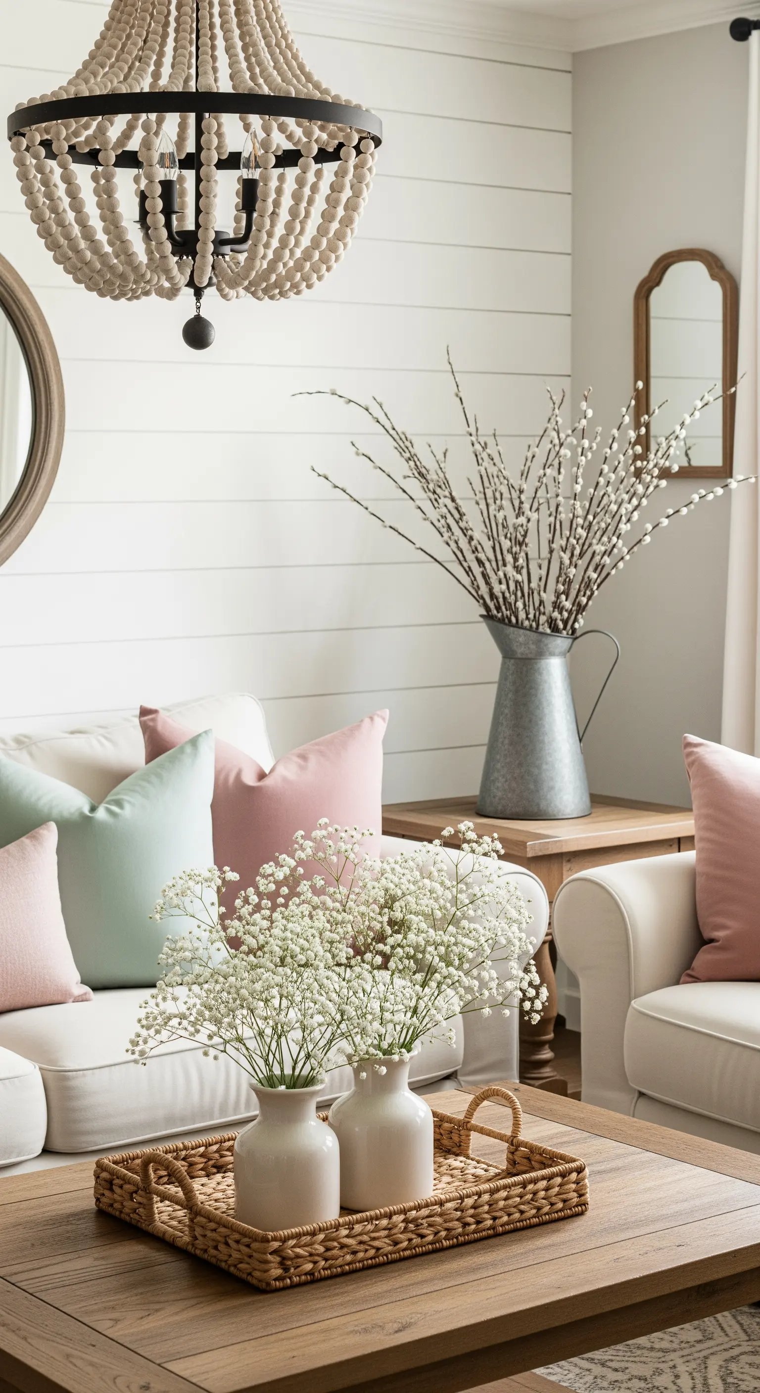 Wohnzimmer im Landhausstil mit rosa und mintgrünen Kissen sowie Schleierkraut.