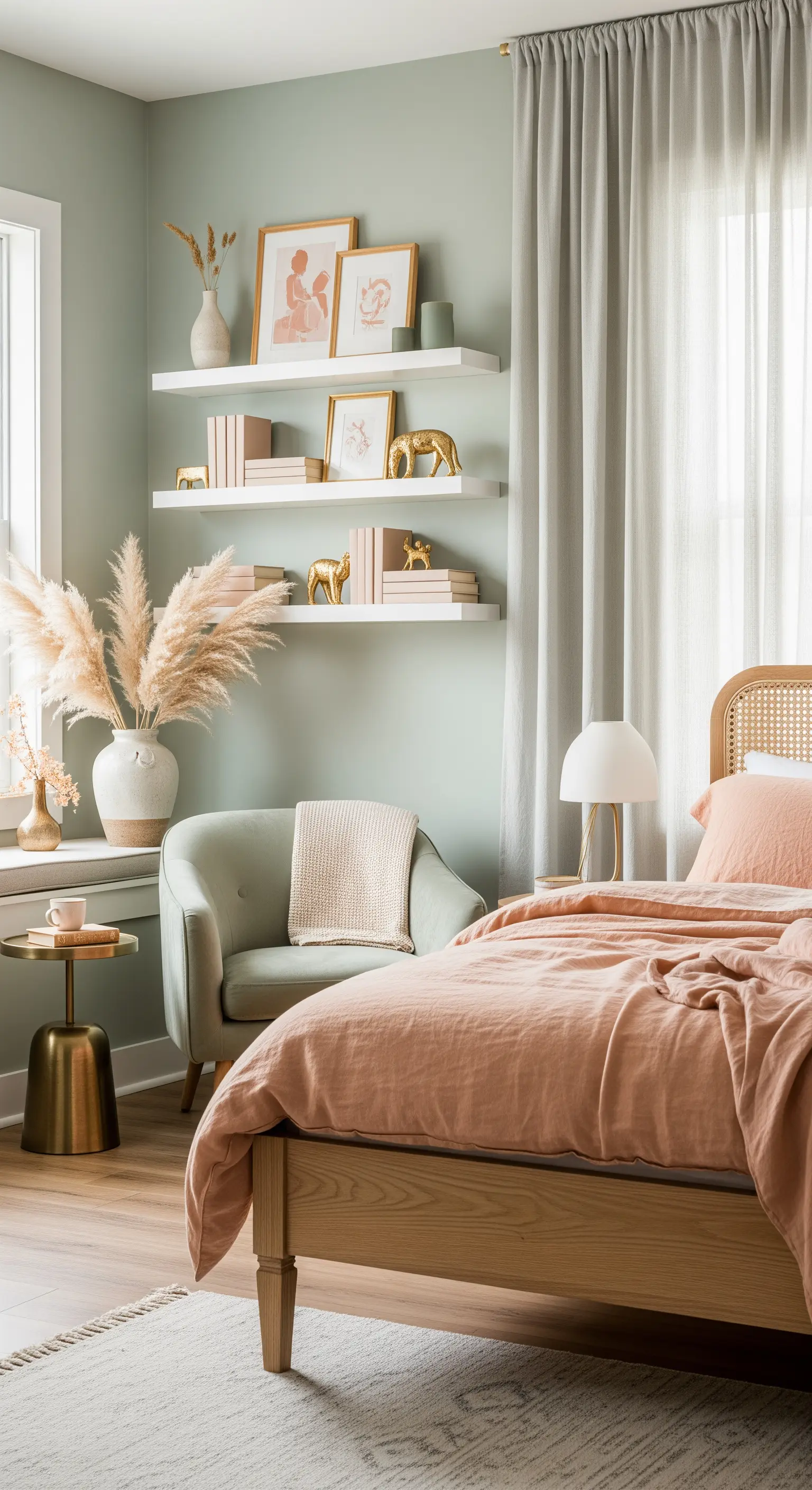 Leseecke vor salbeigrüner Wand mit schwebenden Regalen, Pampasgras und rosa Akzenten.