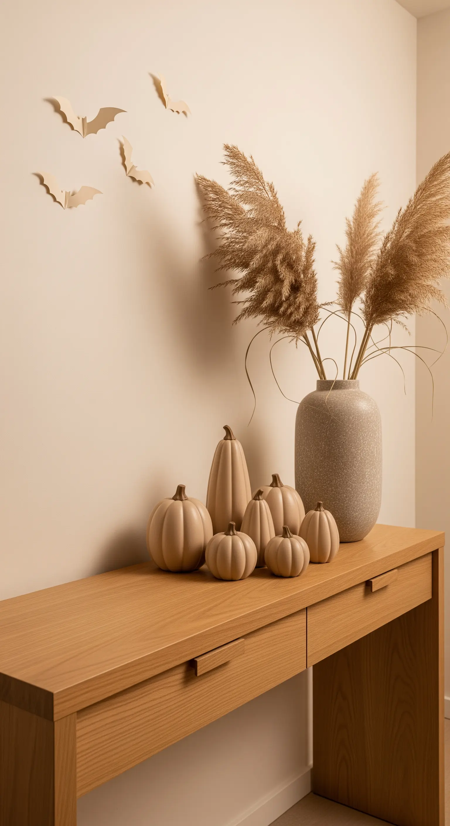 Konsolentisch mit beigen Kürbissen, Pampasgras und minimalistischen Fledermäusen.