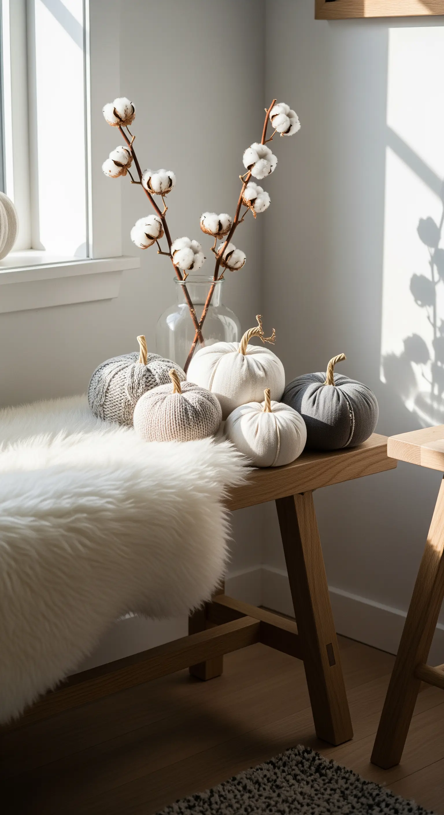 Neutrale Stoffkürbisse und Baumwollzweige auf Holzbank mit Schaffell