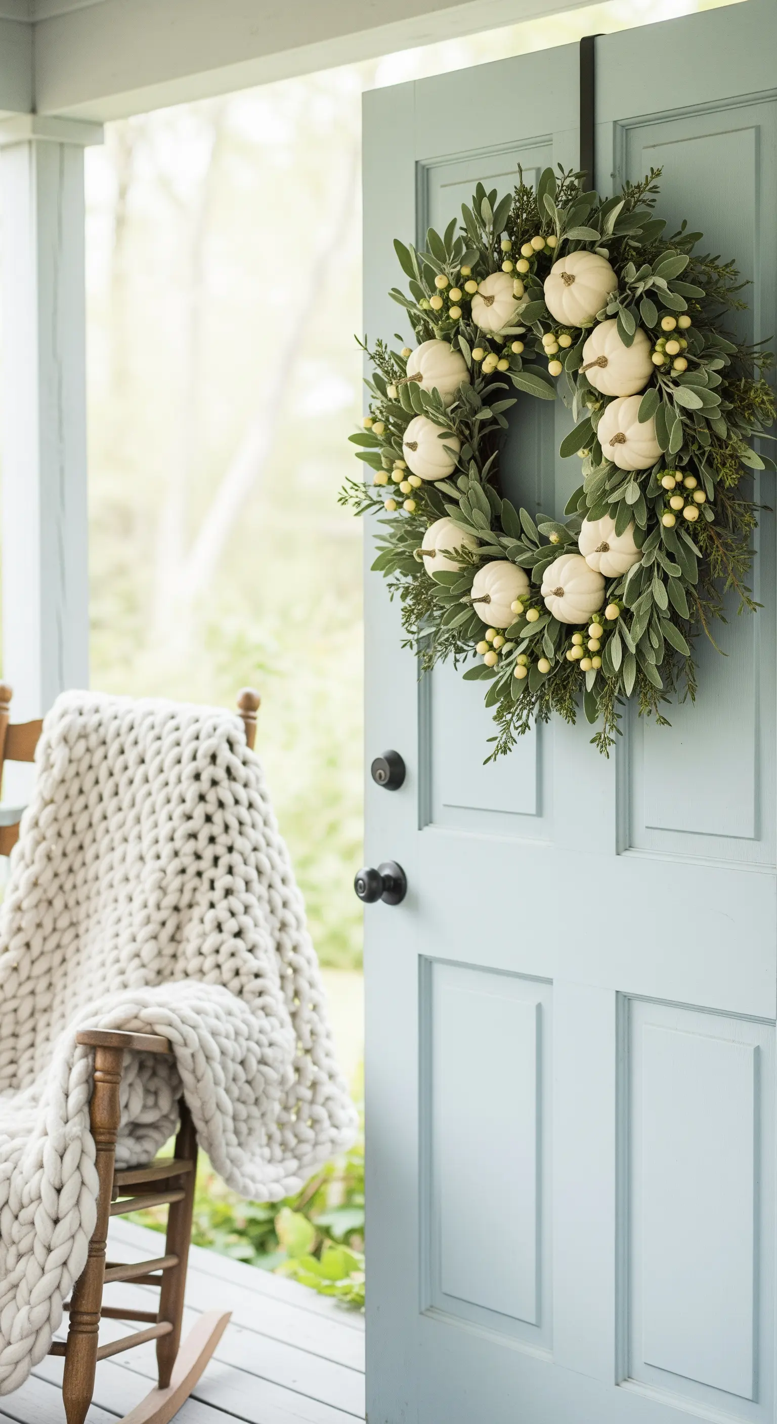 Kürbiskranz mit Beeren an himmelblauer Tür, Schaukelstuhl mit Strickdecke