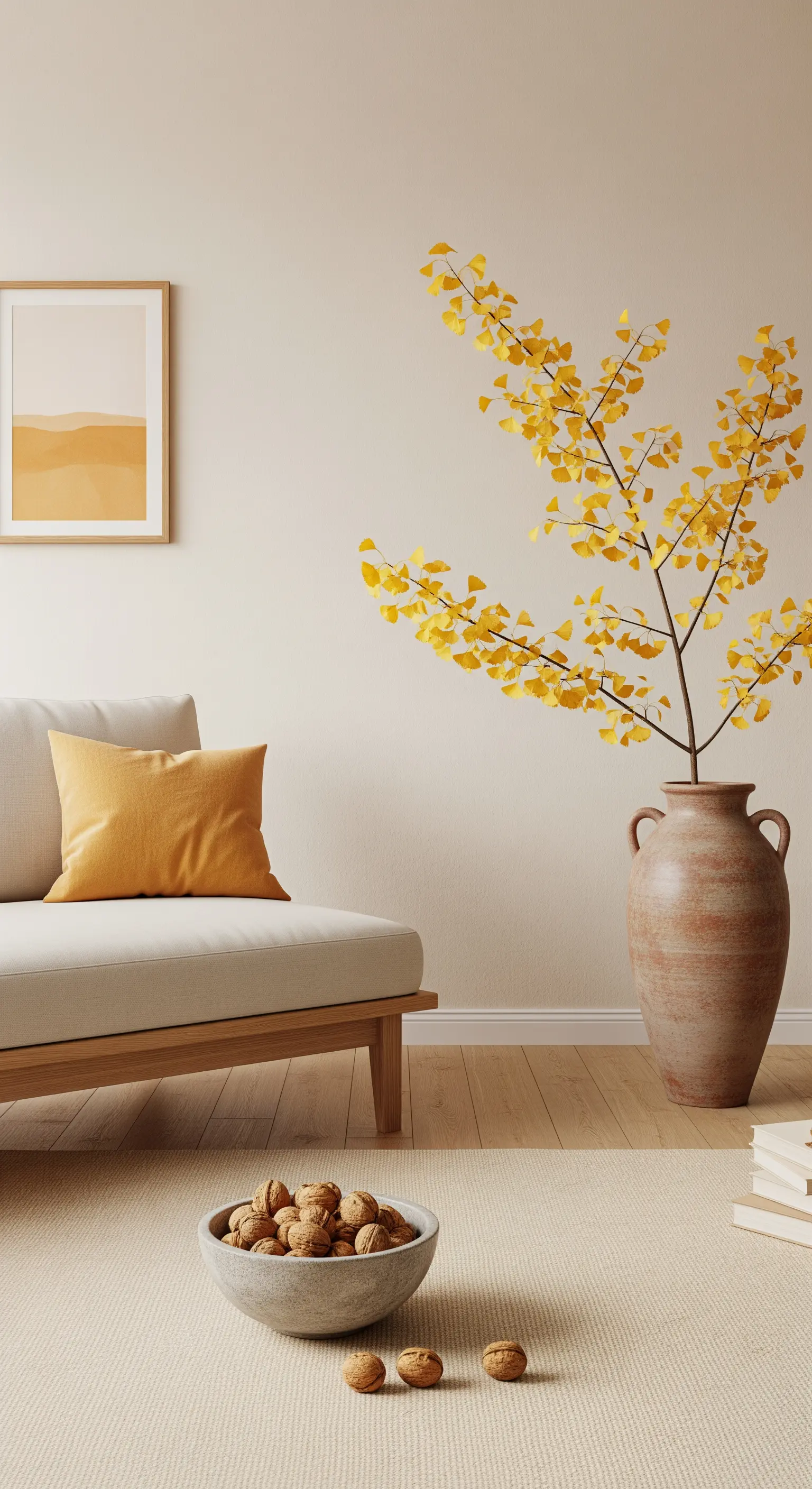 Minimalistisches Wohnzimmer mit Ginkgo-Zweigen und Nussschale.