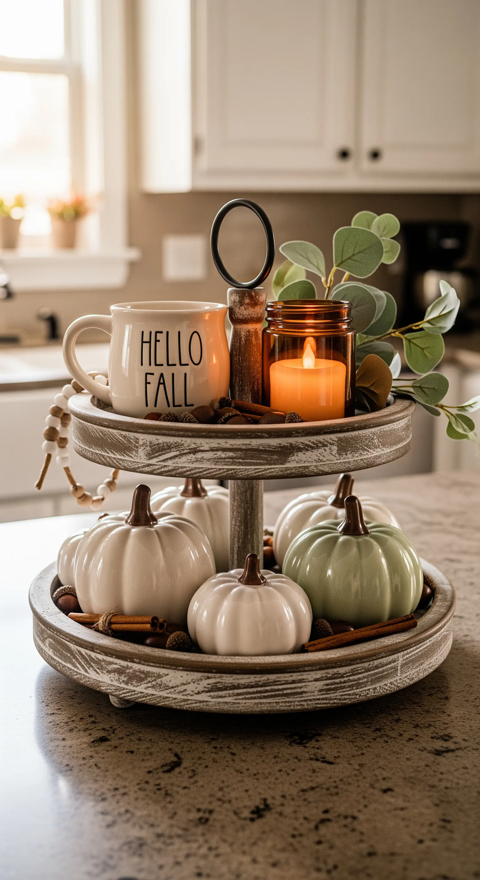 Rustikale Herbst-Etagere mit weißen Kürbissen und Kerzenlicht.