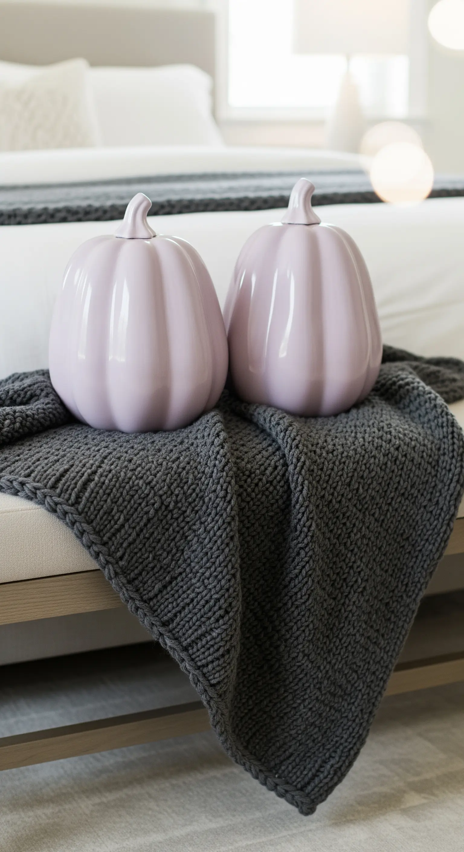 Schlafzimmerbank mit dunkelgrauem Plaid und zwei hellvioletten Keramikkürbissen.